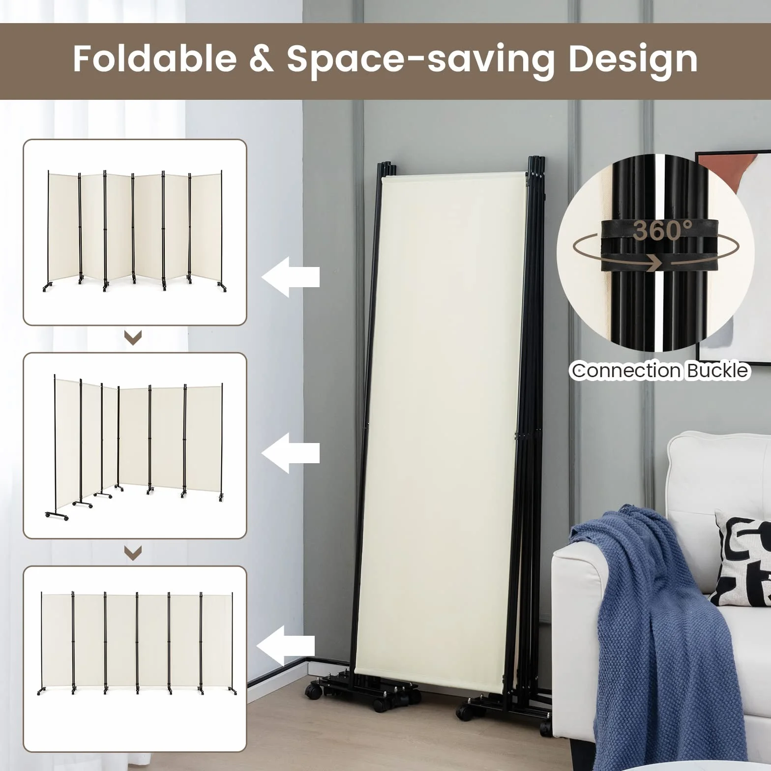 GIANTEX Biombo Plegable con Ruedas, Separador de Privacidad 6 Paneles, 334,5 x 172 cm, Divisor de Habitación de Tela con Patas Anchas, Protección Privada (Beige)