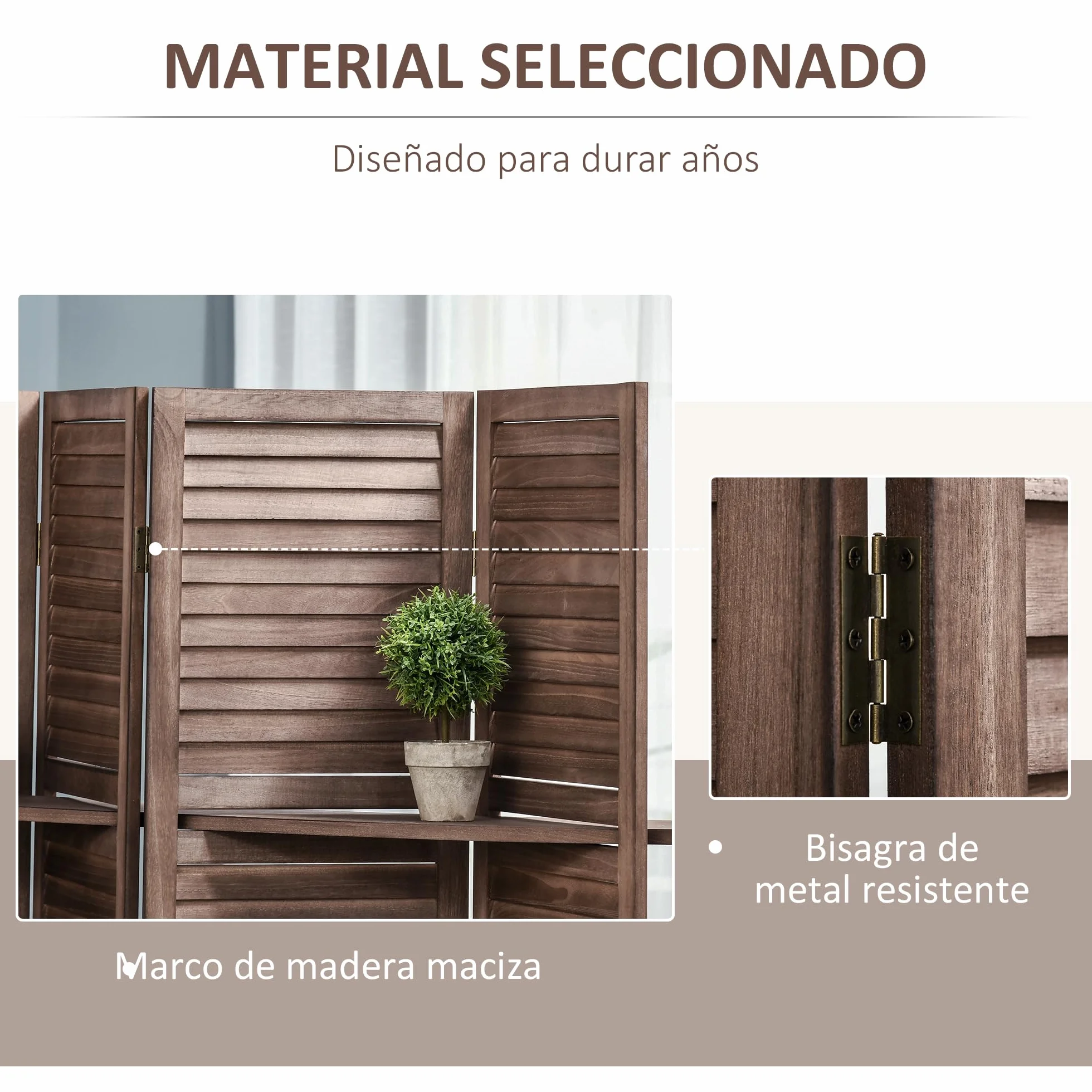 HOMCOM Biombo Plegable de 4 Paneles de Madera, 162x170 cm, Biombo Separador de Ambientes con 3 Estantes, Diseño de Persianas, Decoración para Dormitorio, Salón, Nogal