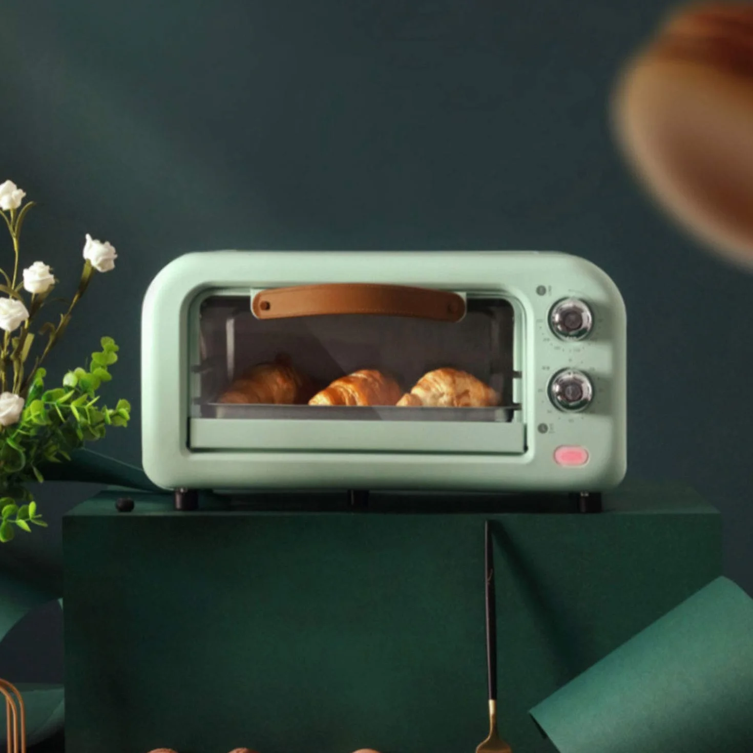 Mini Horno Compacto de 12 L, Retro y Ligero, Temperatura controlada Desde 90-230 °C/60 Minutos, Temporizador con Apagado automático, 800 W, Puerta de Vidrio Templado,Verde