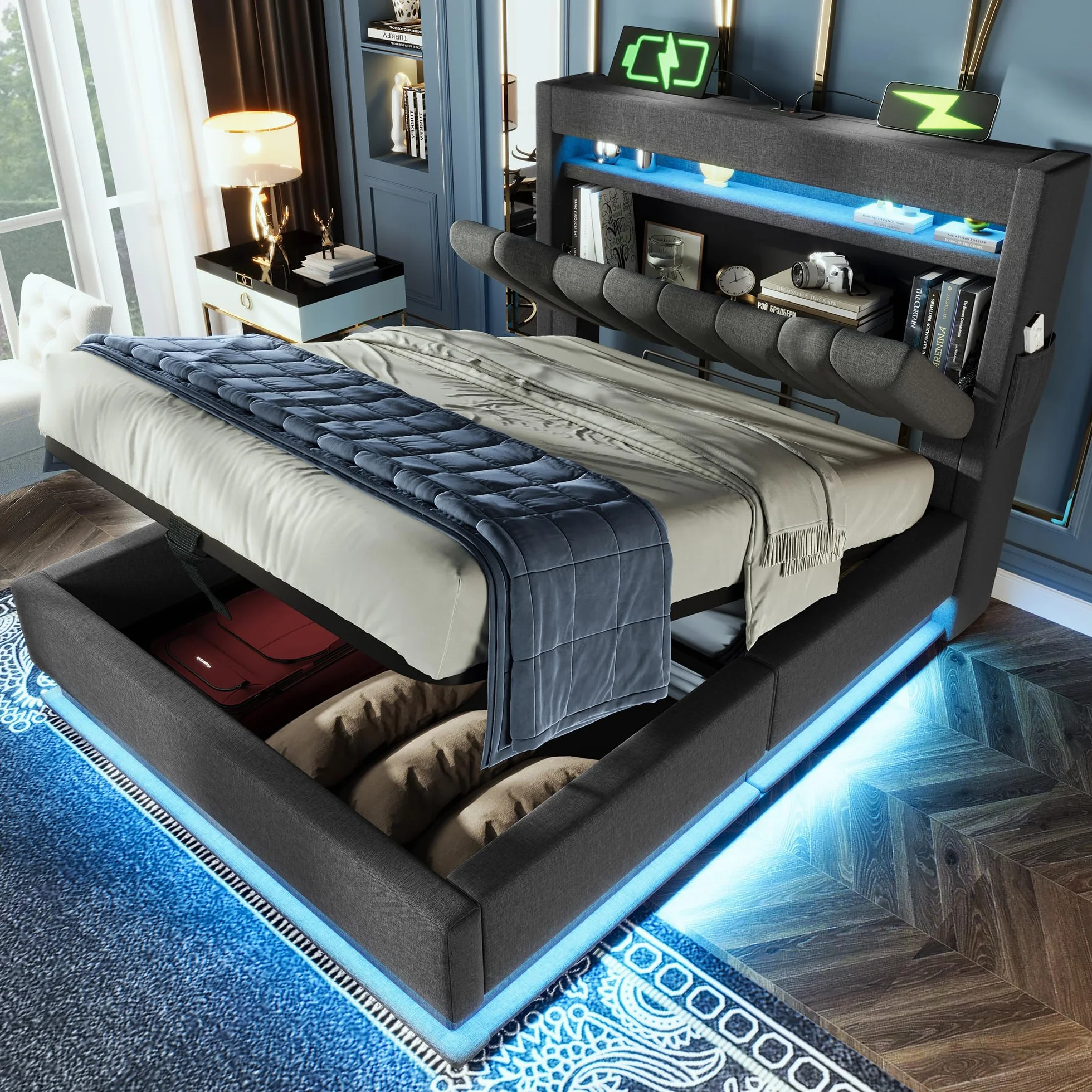 Cama LED Huayz 90x200 con almacenamiento y carga USB