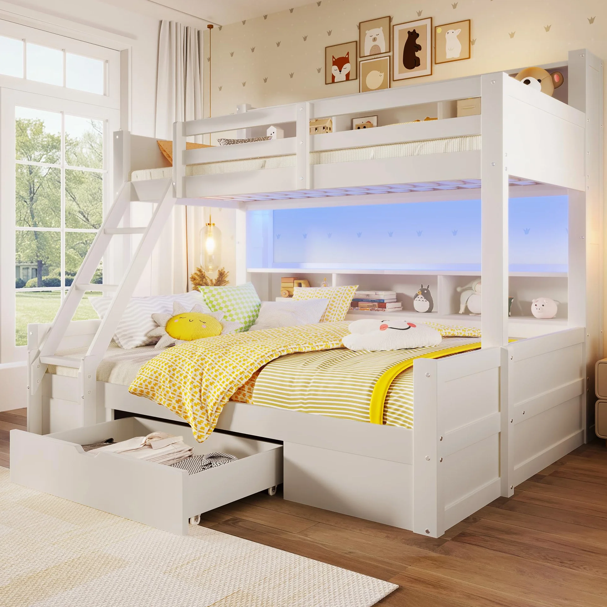 Litera de 90(140) x200 cm con Luz LED y Compartimentos Abiertos, Cama Litera Matrimonio con Cajón y Escalera, Cama Infantil Literas Infantiles con Barandilla Anticaída, Sin Colchón, Blanco
