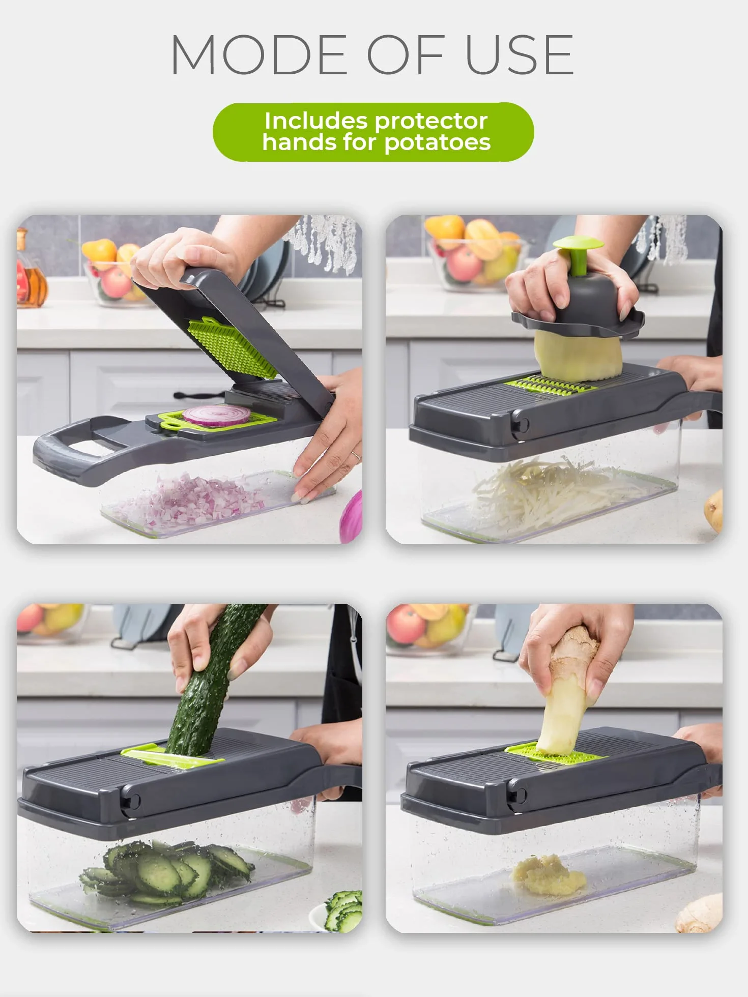 Cortador de verdura Manual, Mandolina de Cocina Multifuncional 13 en 1-2 Cuchillas, 7 Rebanadoras Rallador, Separador de Huevo y Escurridor, Cuchillas Acero Inoxidable