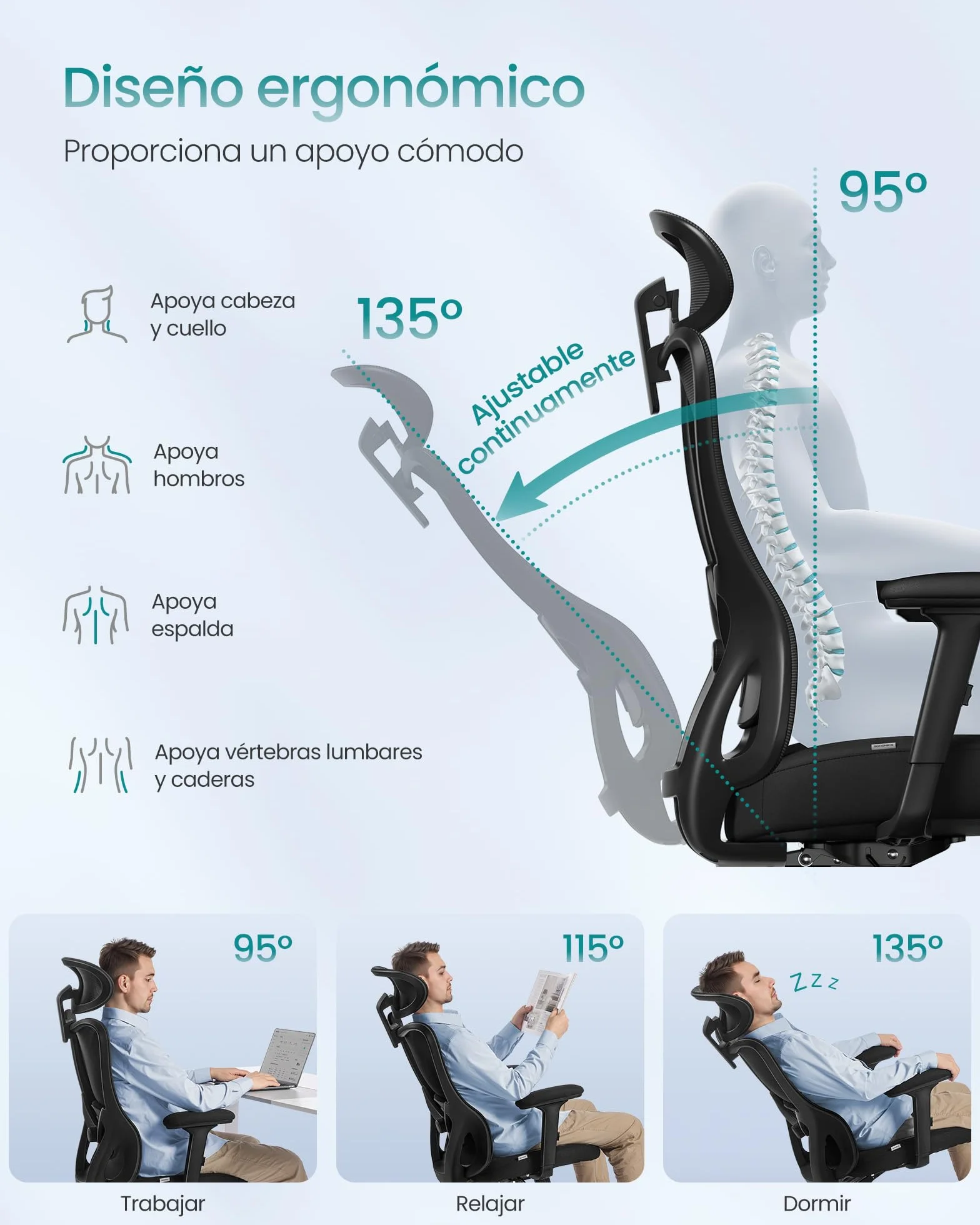 SONGMICS Silla de Oficina Ergonómica, Reposacabezas y Soporte Lumbar Ajustables, 150 kg, Altura Ajustable, Negro Tinta OBN066BH01