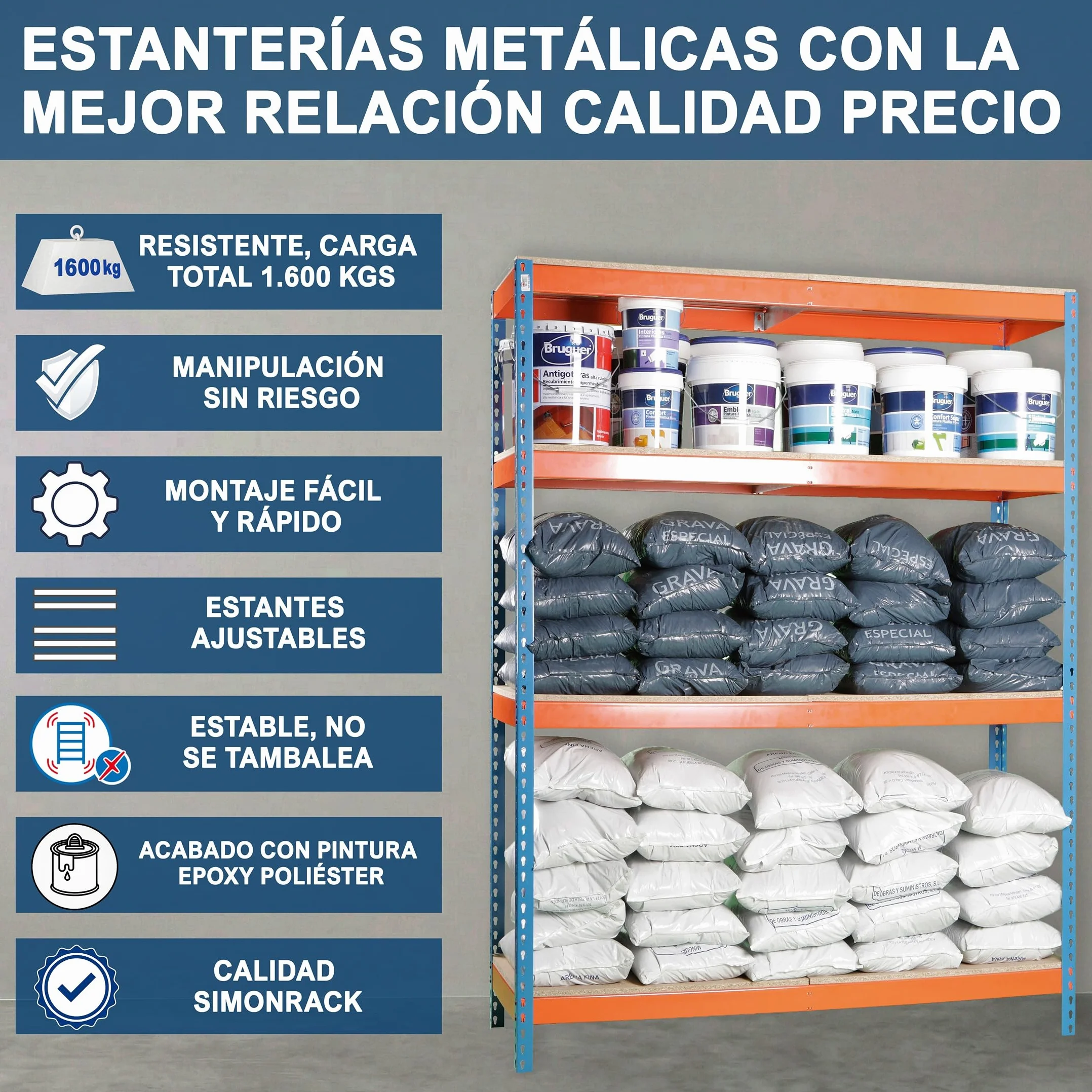 Simon Rack Estanteria Industrial 2000x1500x600 mm 400 kg 4 Estantes Madera Almacenaje Metalica Azul Naranja