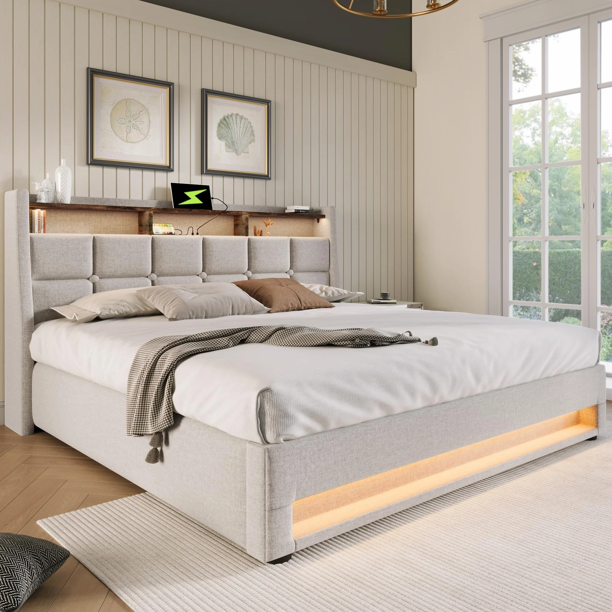 Cama 140x200 cm Cama Matrimonio, Cama Juvenil con Cabecero LED y Carga USB, Camas Matrimoniales con Almacenaje Hidráulico, Estructura Cama Doble con Lamas de Madera, Lino Beige, Sin Colchón
