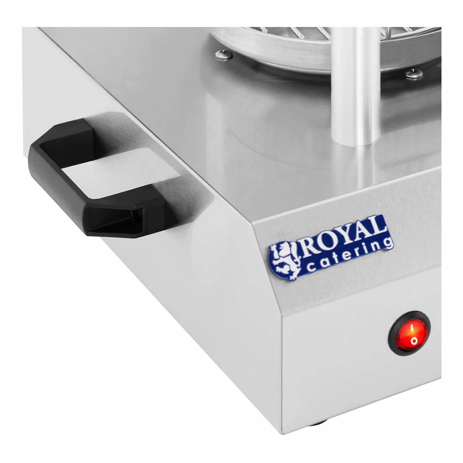 Royal Catering Máquina de Perritos Calientes Hot-Dog Machine con 2 Pinchos RCHW-350-2 (422 W, Temperatura hasta 97 °C, Vidrio templado, Acero inoxidable, Aluminio, 500 ml)