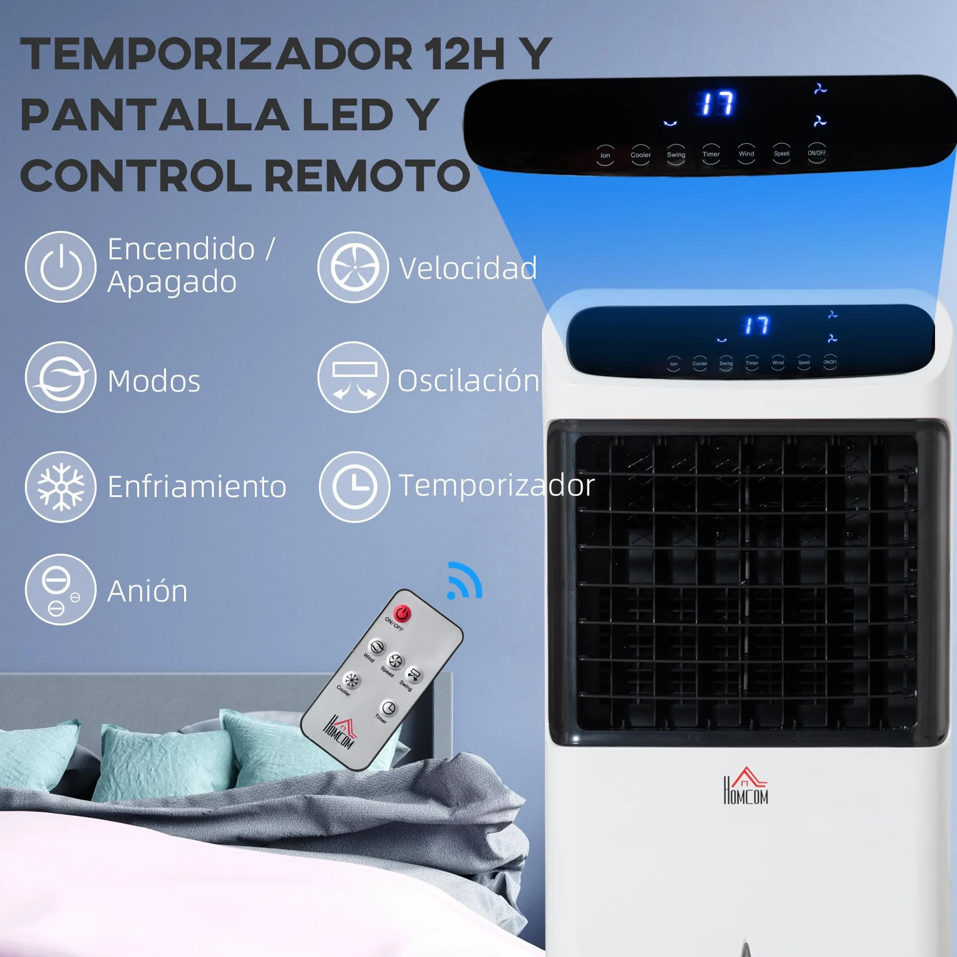 HOMCOM Climatizador Evaporativo Bajo Consumo 4 en 1 Depósito 12L Humidificador Climatizador Iones Negativos Control Remoto 3 Modos 3 Velocidades Temporizador 12 h Pantalla LED Táctil 38x35x81cm Blanco