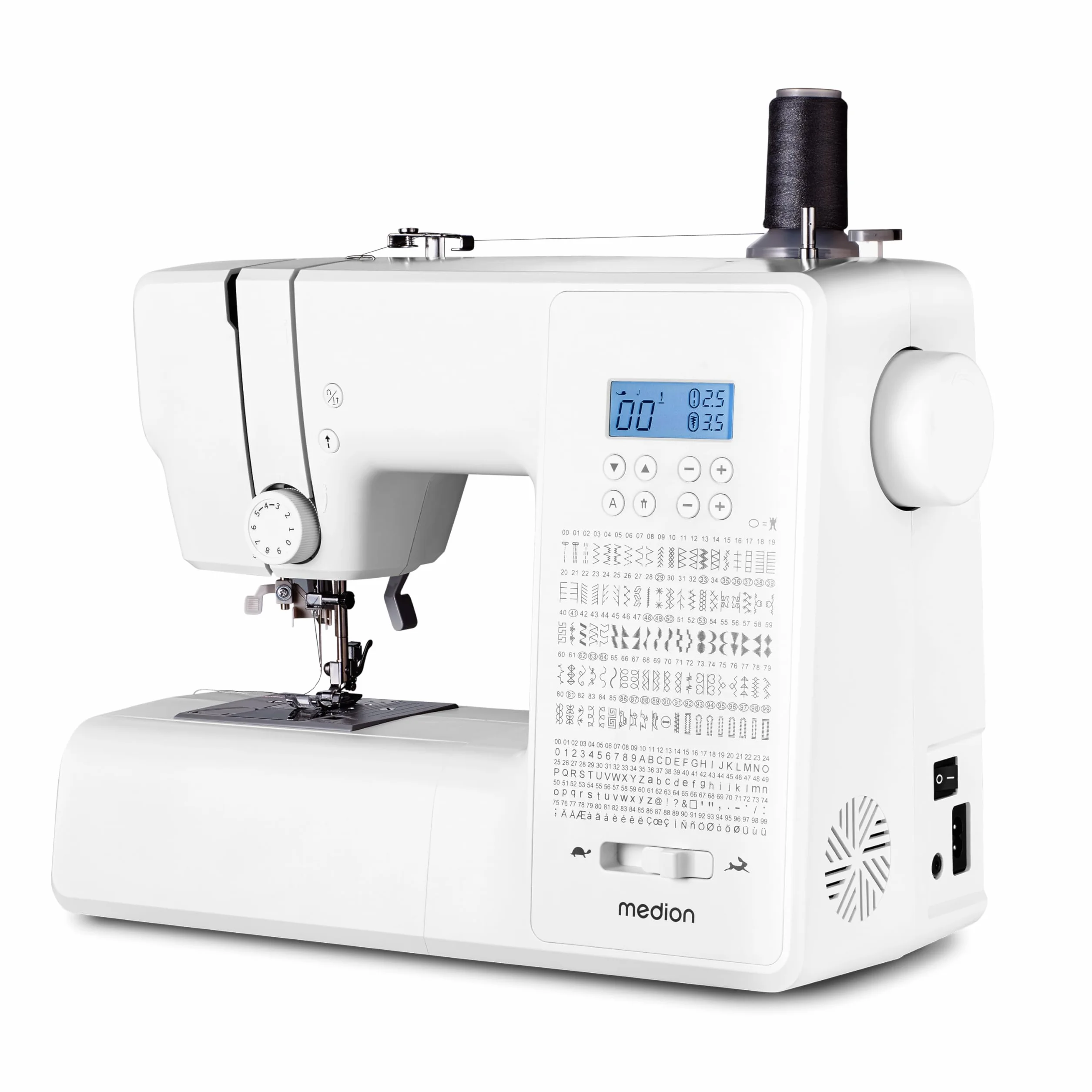 Máquina de coser digital MEDION SD36 (36 vatios, longitud y anchura de puntada ajustables, 270 patrones de puntada, luz de costura LED, enhebrador automático, botón de marcha atrás, cortador de hilo