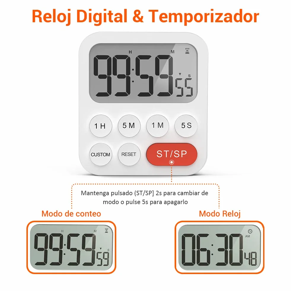LIORQUE Temporizador de Cocina Digital Multifunción con Reloj, Ajuste Rápido, 3 Niveles de Volumen, Respaldo Magnético, Soporte Plegable
