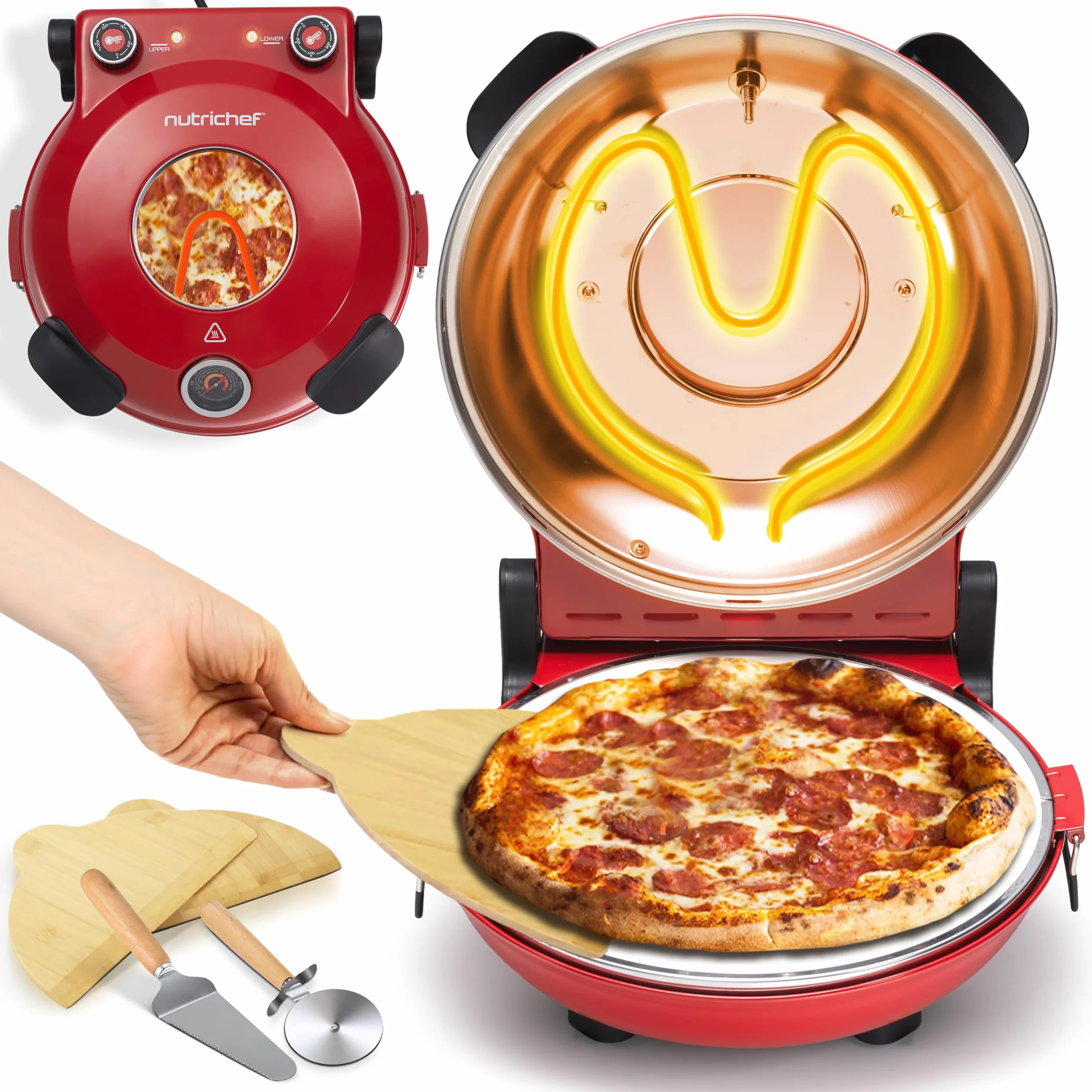 Nutrichef Horno Electrico para Pizza 1200W Control de Temperatura con Termometro Ventana de Visualizacion Antiadherente