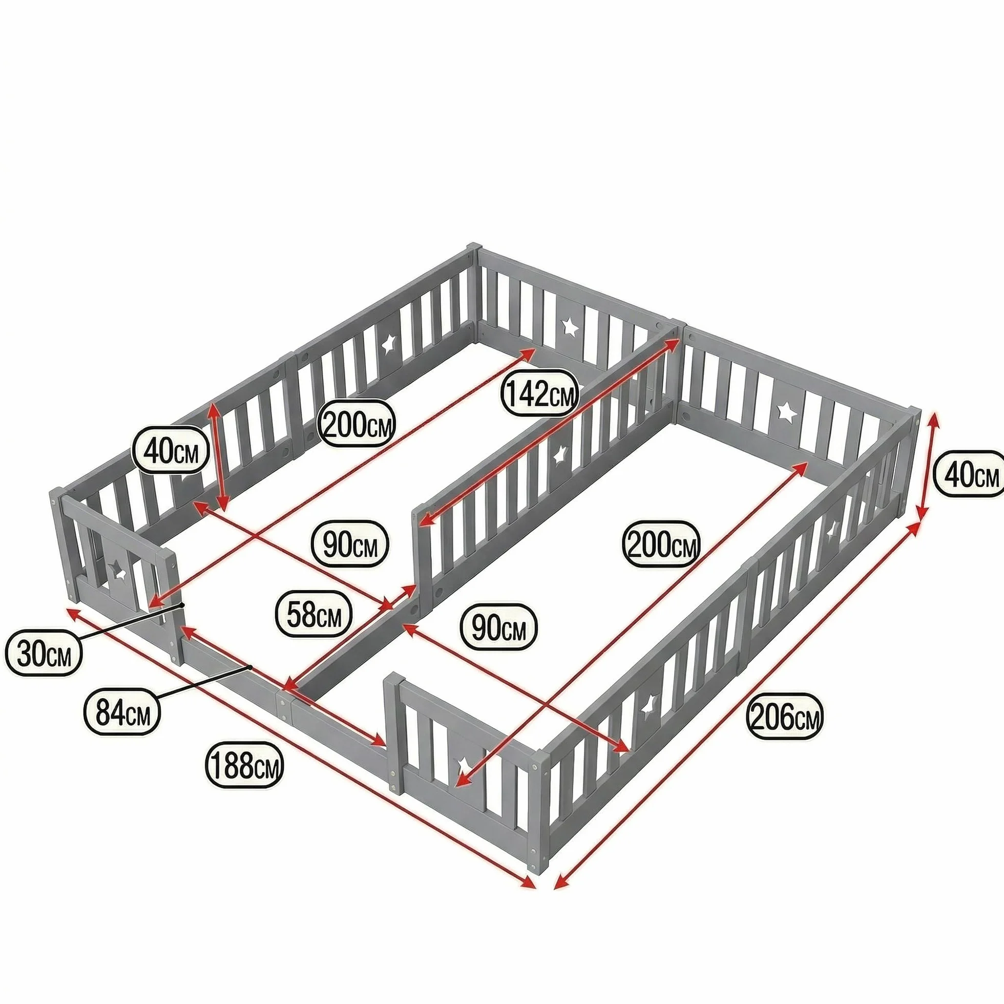 Cama en el suelo de 90 x 200 cm, cama infantil con barrera, cama montessori, madera maciza, camas dobles, para habitación de niños y niñas, sin colchón (gris A, 188 x 206 x 40)