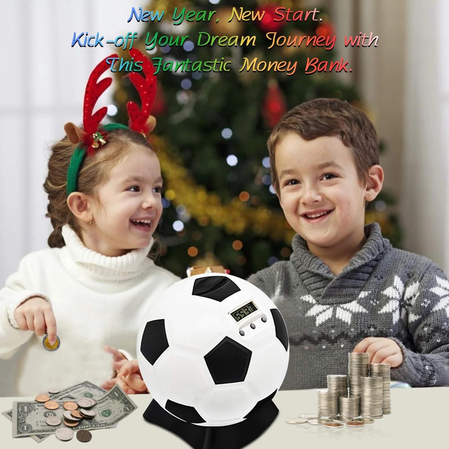 MOMMED Hucha, Contador Digital, Balón de Fútbol, Cerdito para Niños, Electronica LCD