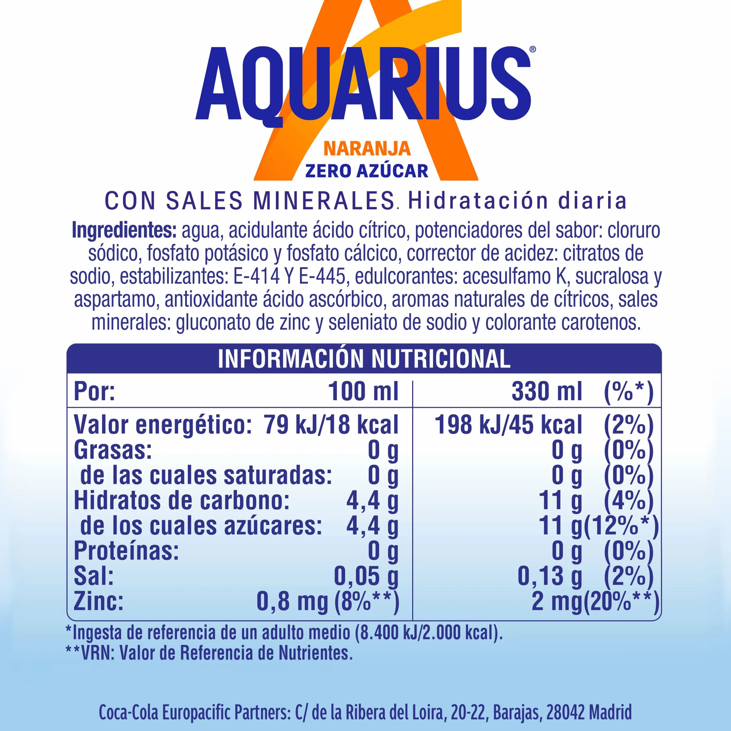 AQUARIUS Naranja Zero Azúcar Bebida Hidratante con Sales Minerales Pack 24 Latas 330 ml