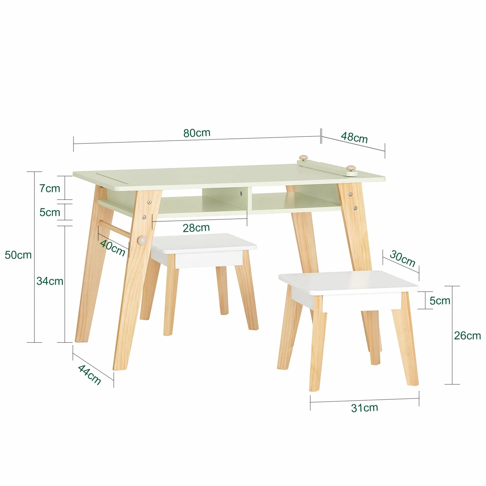 SoBuy KMB92-GR Mesa Infantil con 2 Taburetes Escritorio Infantil Blanco Madera y Verde