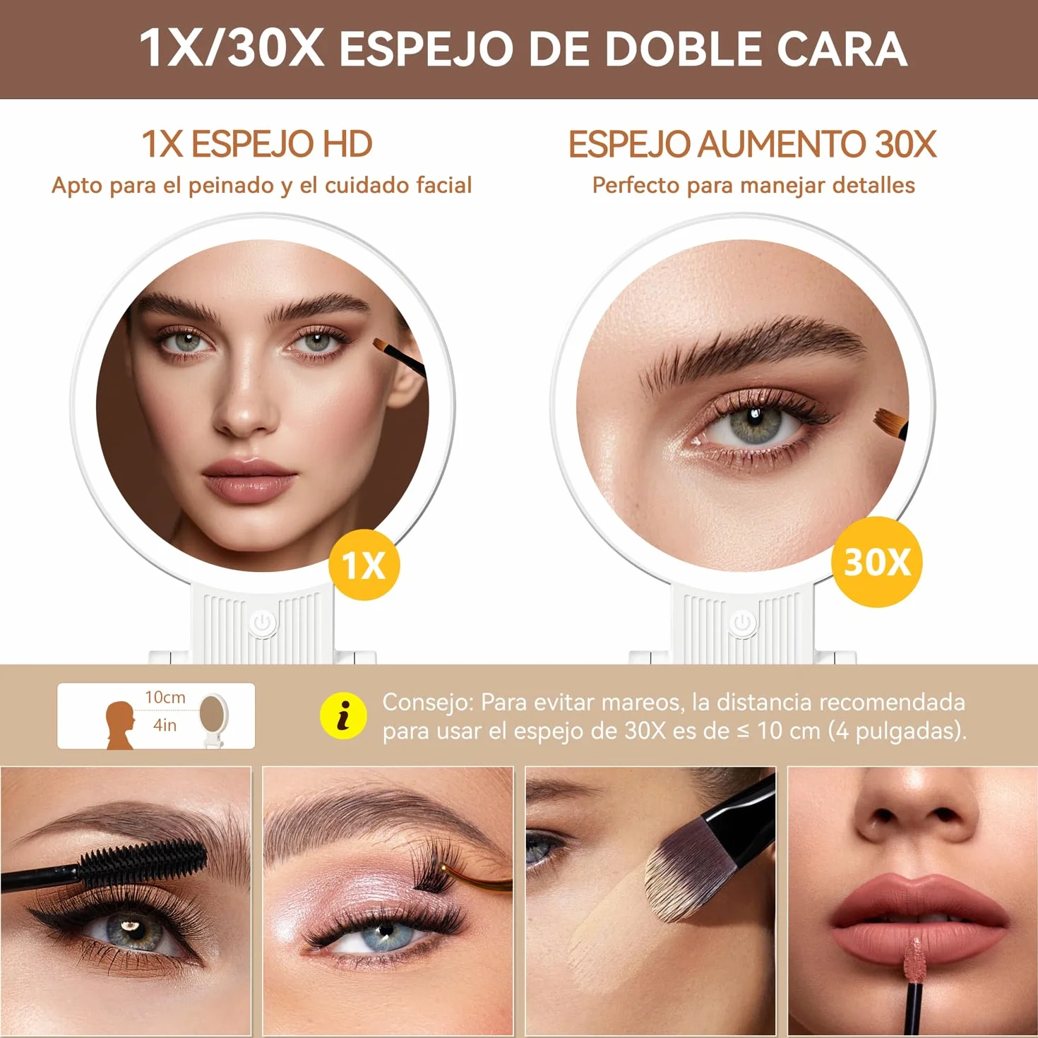 Espejo Maquillaje con Luz LED 30X/1X Aumento Doble Cara 72 Leds 3 Colores Regulable 2000mAh Recargable USB Colgable Pared Portátil Blanco