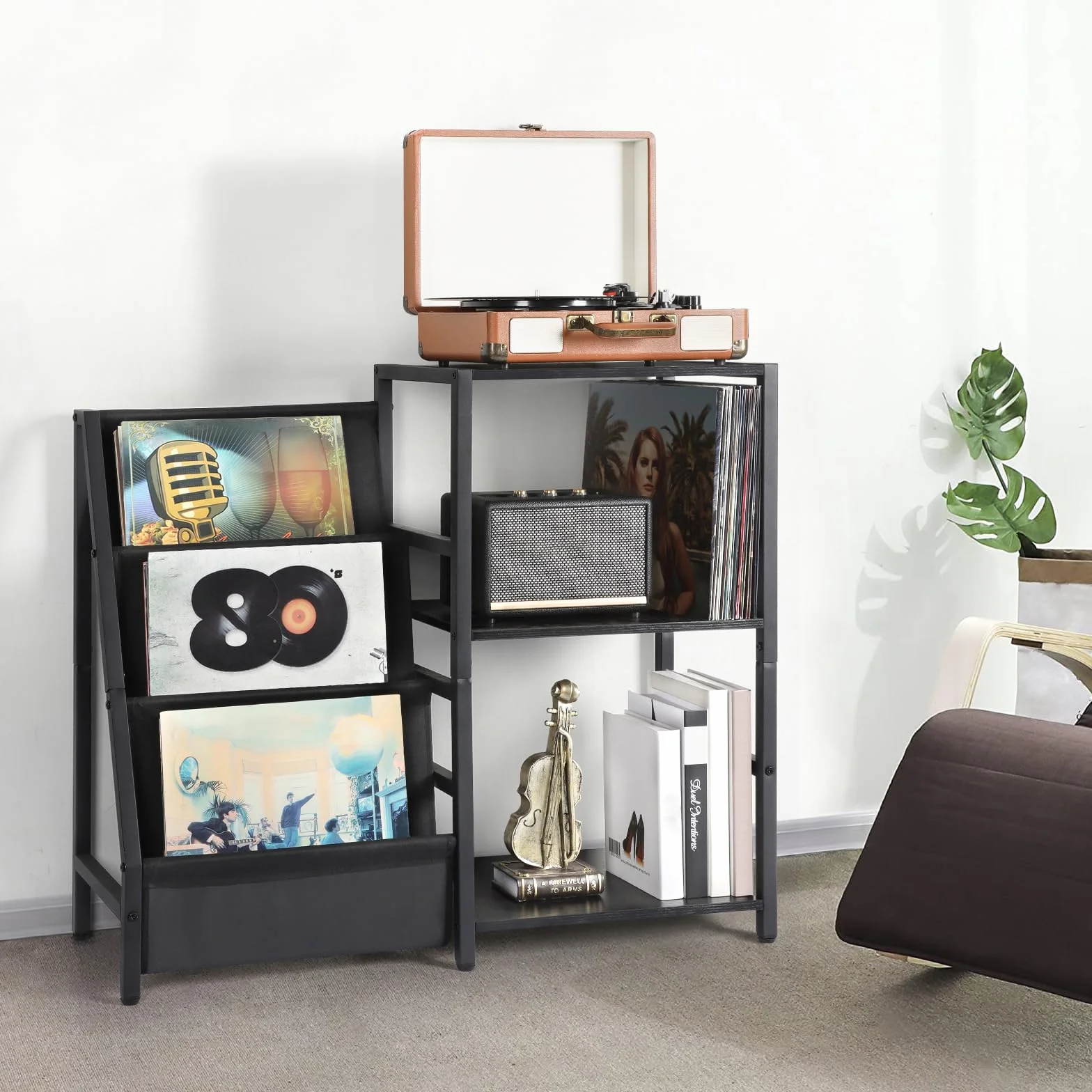Bikoney Soporte para Tocadiscos de Vinilo, Mesa Auxiliar 3 Niveles con Almacenamiento para 200 Álbumes, Estante de Discos Vinilo para Sala de Estar, Negro