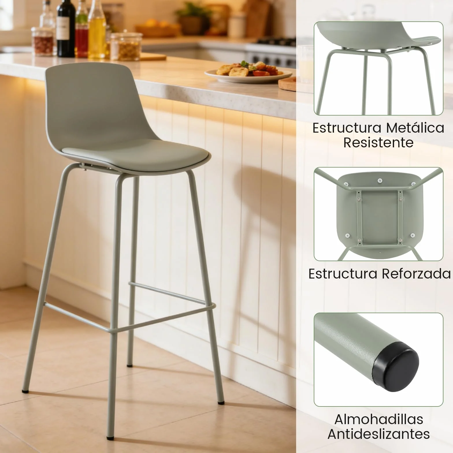 COSTWAY Juego de 4 Taburetes de Bar, Altura Asiento 76 cm, Taburetes Altos de Cocina con Respaldo, Asientos Acolchados, Reposapiés y Patas Metal, Silla Altas de Bar para Isla Cocina y Comedor, Verde