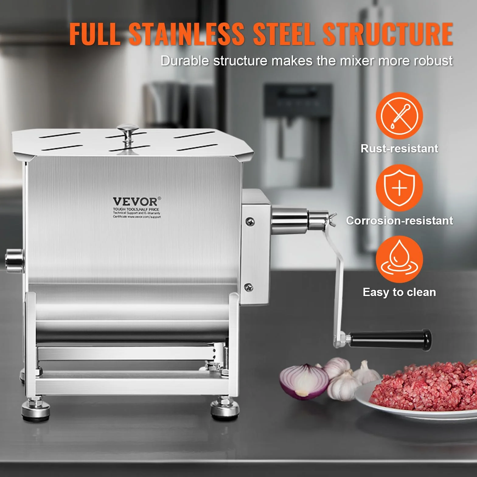 VEVOR Mezcladora de Carne Manual Tanque de 40 L, Equipo de Procesamiento de Carne, Capacidad Máxima de Mezcla de 27,2 kg, Mezcladora de Salchichas de Acero Inoxidable con Tapa, Caja de Engranajes