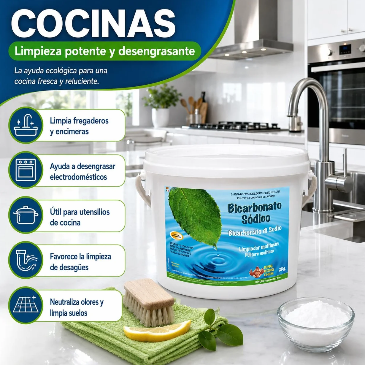 Bicarbonato de Sodio 2 kg - Limpiador Ecológico Hogar con Cucharilla Dosificadora