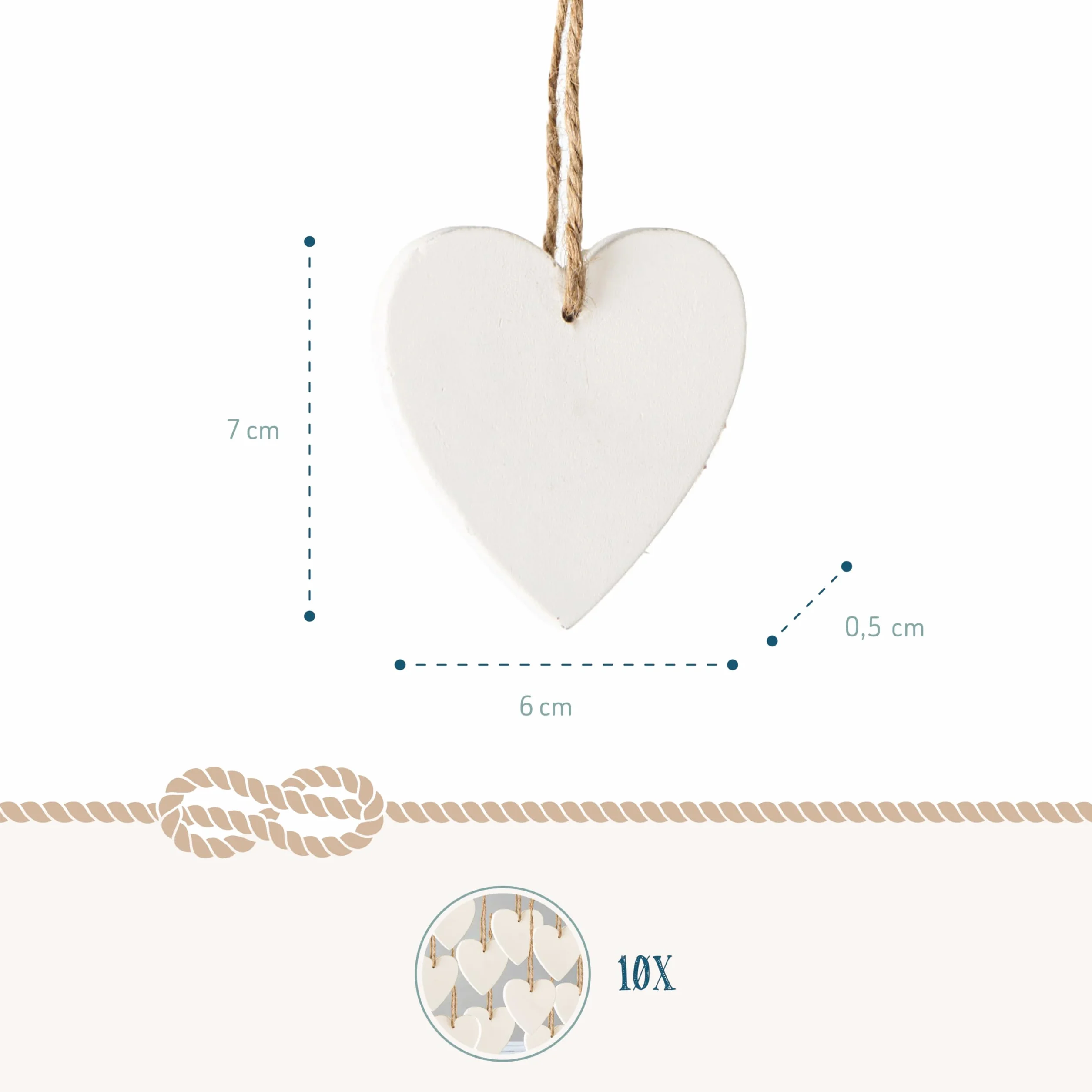 Corazones Madera Colgantes Blancos 7 cm 10 Unidades Adornos Decorativos