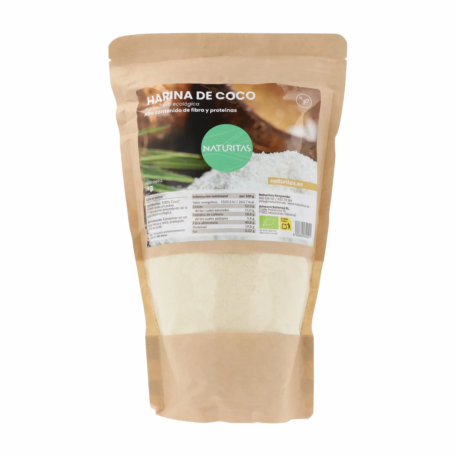 Harina de coco Bio Naturitas Essentials 1 kg Rica en fibra apta keto 100% Coco deshidratado en polvo