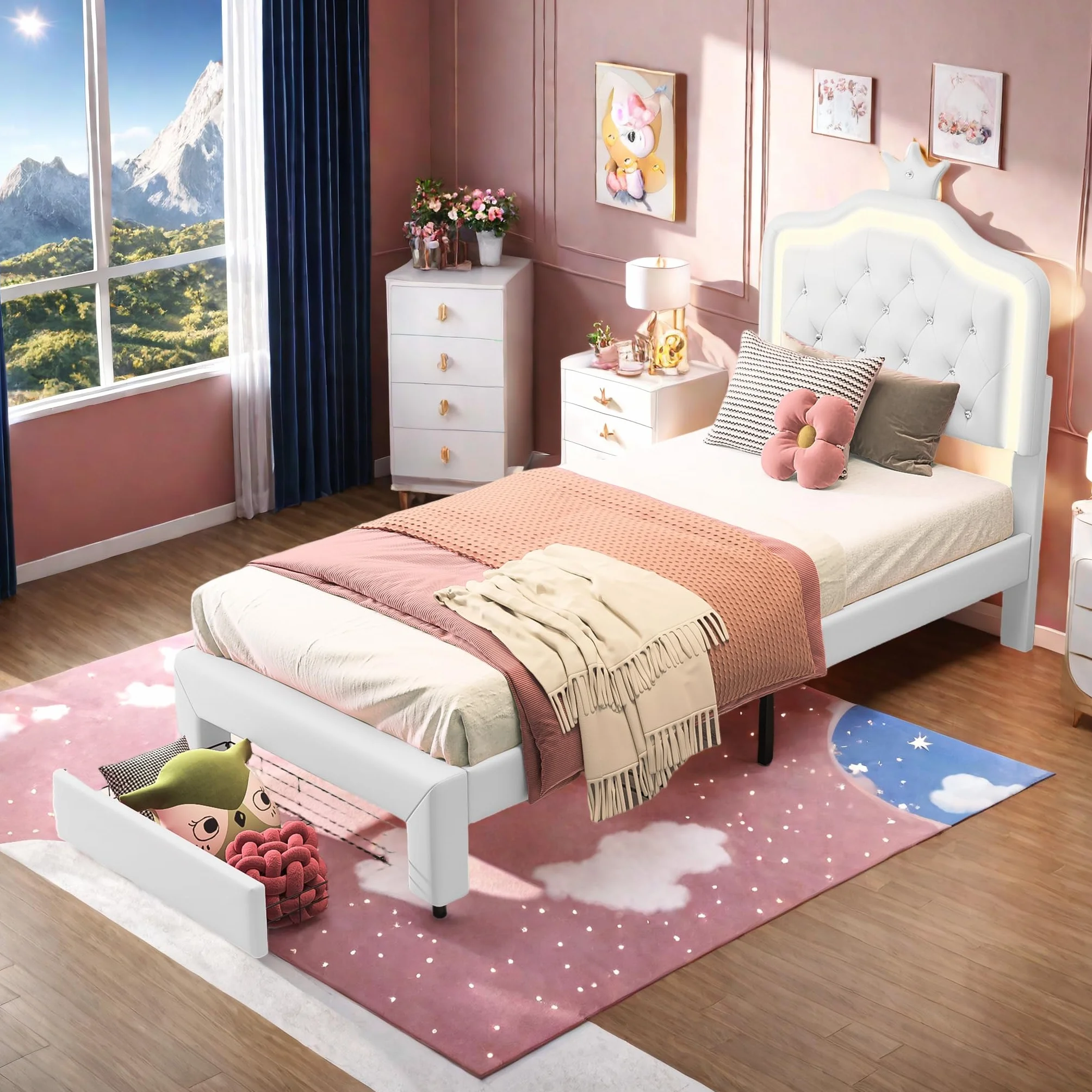 Cama Infantil 90x200 cm, Cama de Princesa con cabecero LED Corona, Camas Individuales Acolchadas con Somier de Láminas, Estructura de Cama para Niña con cajón, Camas de 1 Plaza para Niña