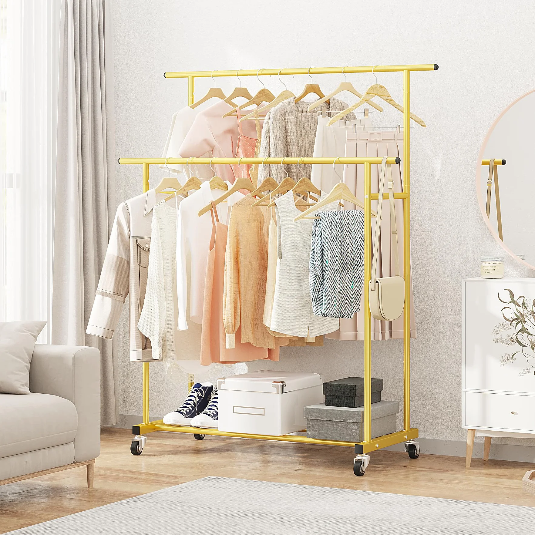 Calmootey Perchero de ropa de doble barra, estante colgante rodante, organizador de ropa portátil para dormitorio, sala de estar, tienda de ropa, dorado