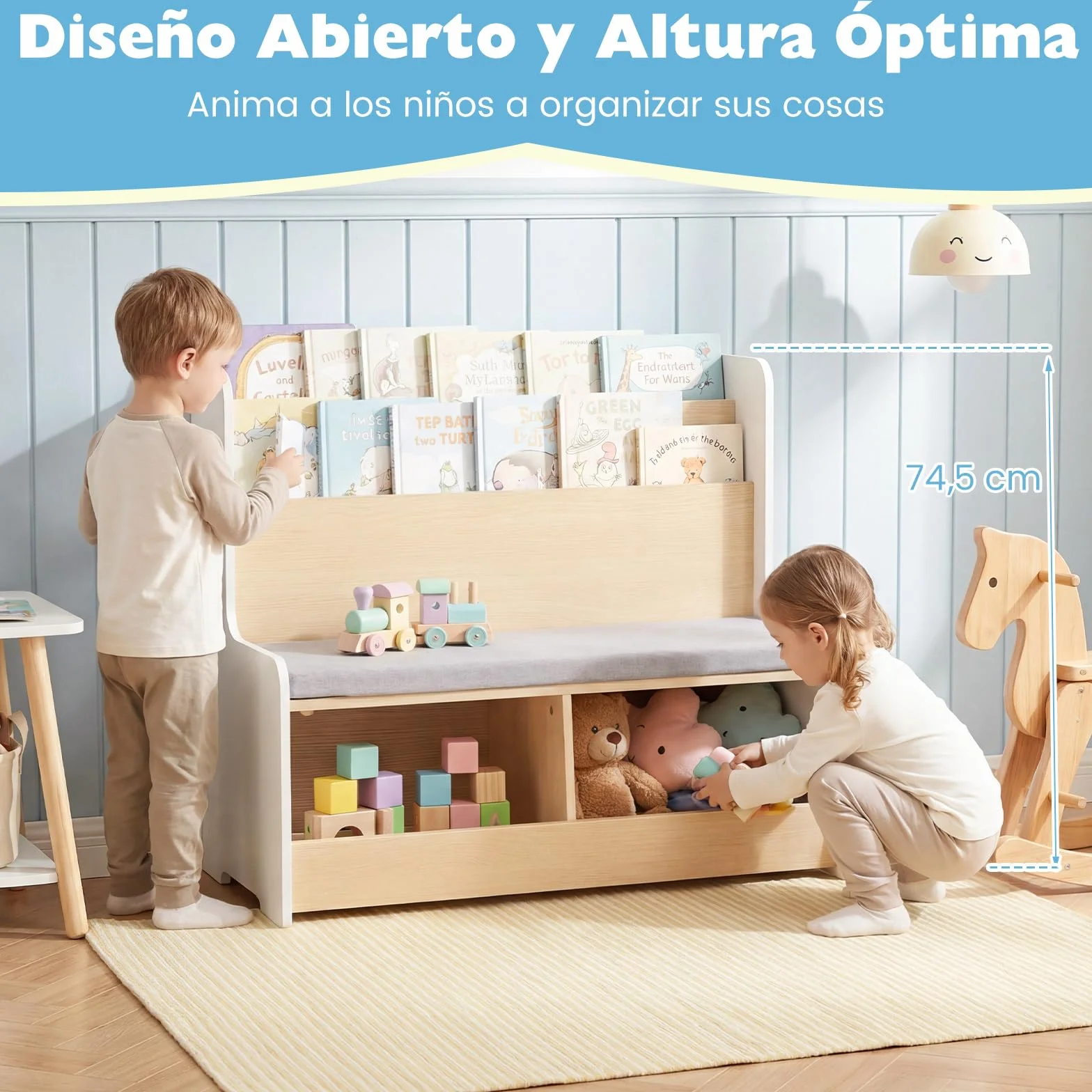 COSTWAY Banco de Almacenamiento Infantil 3 en 1 Baúl Juguetes Cojín Acolchado Funda Desmontable Estantería Compartimentos Abiertos Blanco