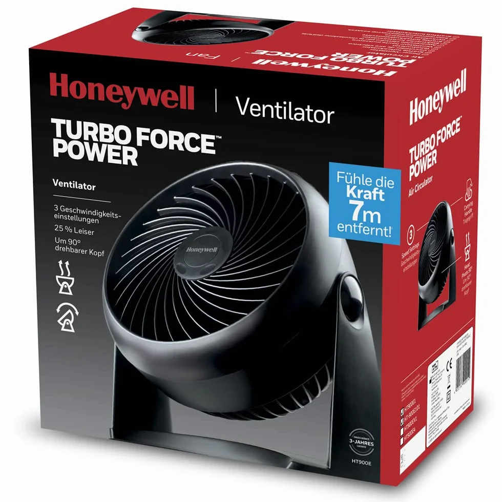 Honeywell TurboForce Ventilador Potente Silencioso, 3 Velocidades, Inclinación 90°, Anclaje Pared, Mesa, HT900E4
