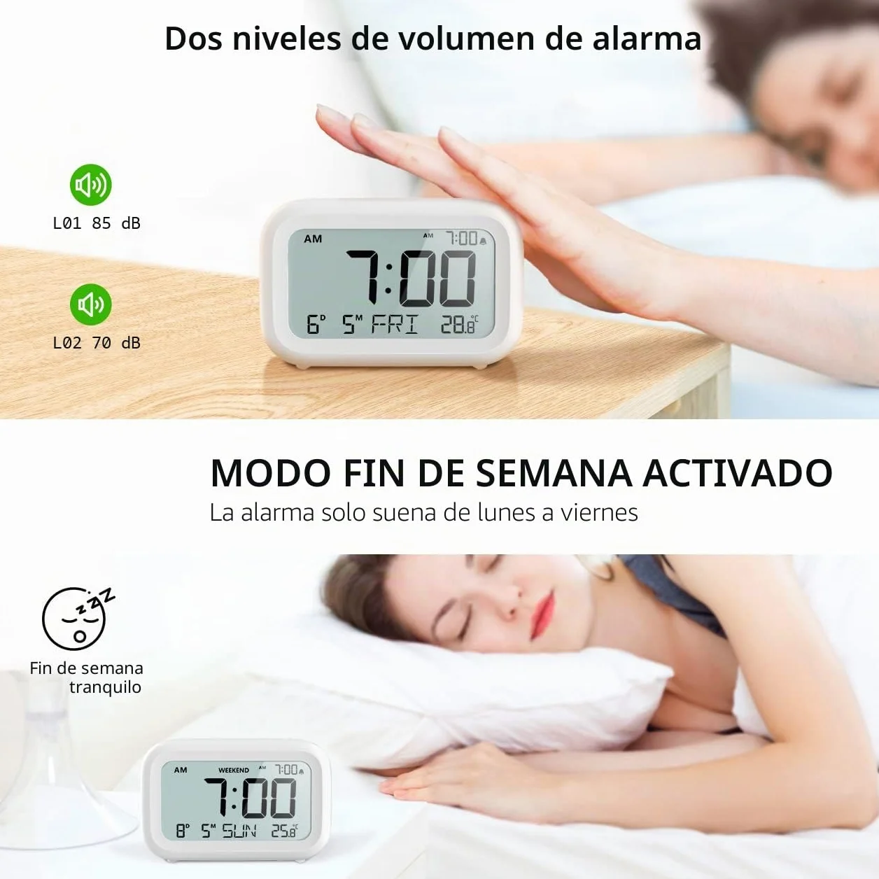 Doomay Despertador Digital de Mesita de Noche Reloj con Batería Pantalla LCD Volumen Ajustable Modo Fin de Semana Dormitorio Escritorio Viajes D-White