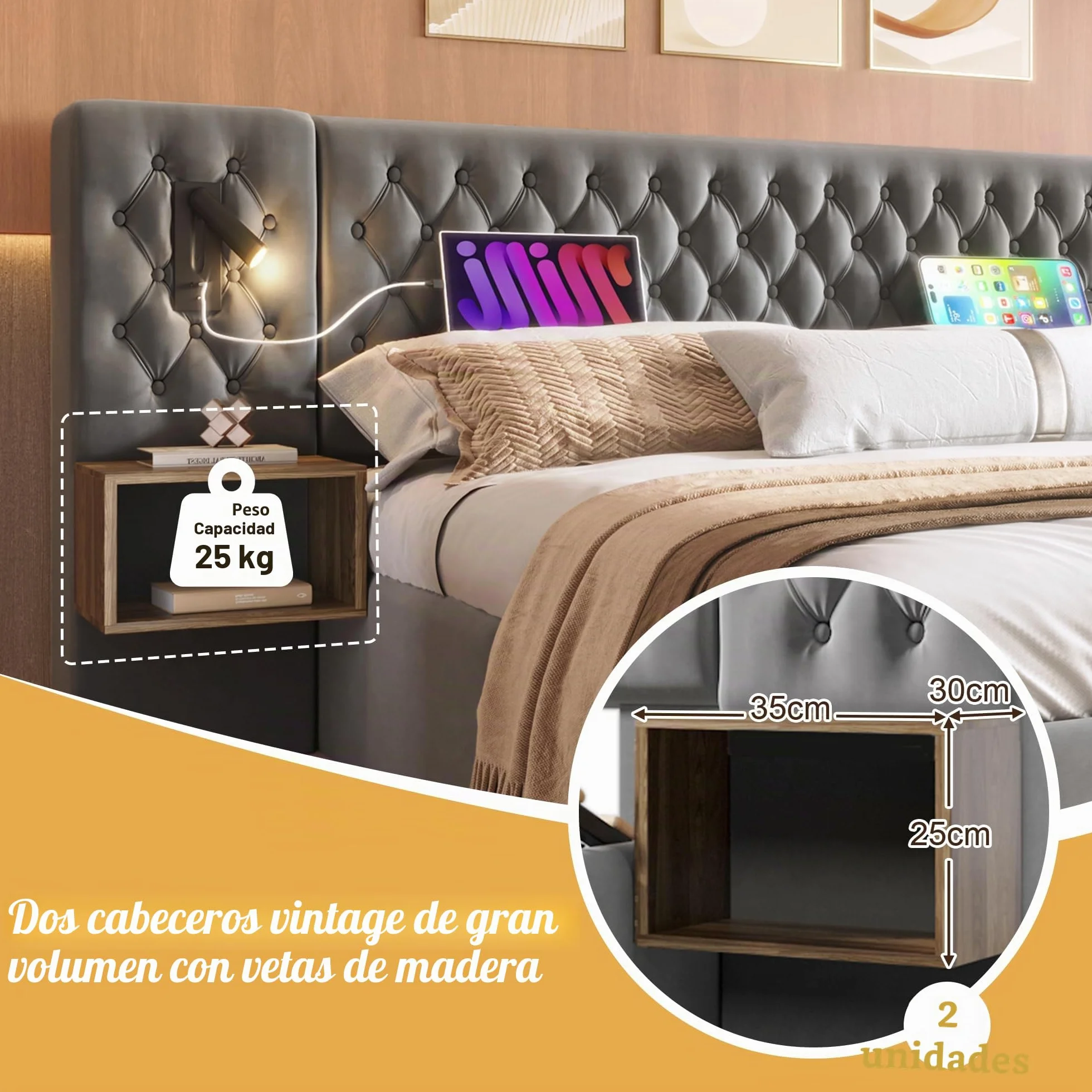 Set completo para dormitorio, cama tapizada matrimonial 180×200 cm con 2 mesitas de noche y 4 cajones, cabecero con luz de lectura y función de carga USB, en terciopelo, sin colchón