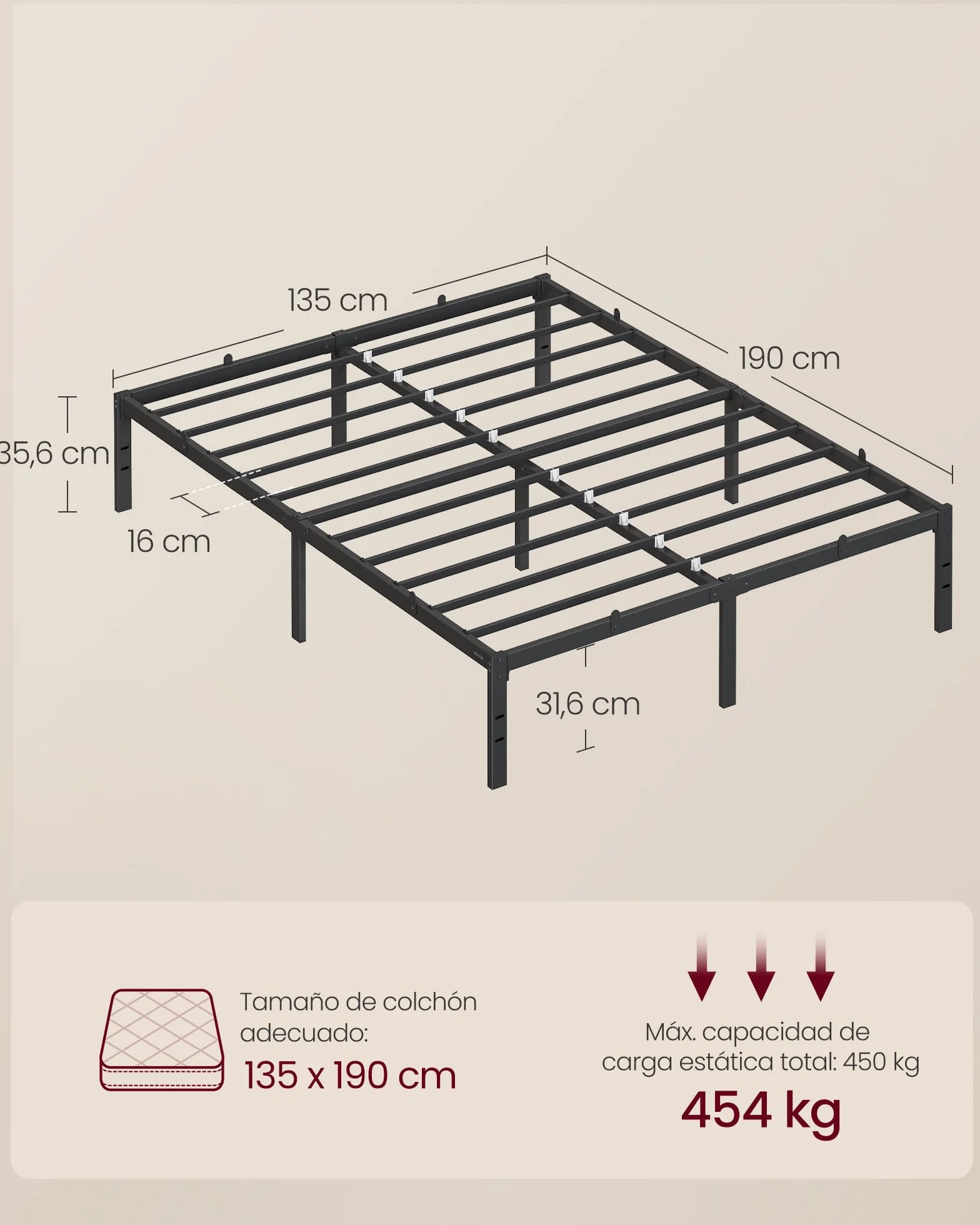 VASAGLE Marco de Cama Doble, para Colchón de 135 x 190 cm, de Metal, Organización del Espacio, Moderno, para Invitados, Fácil Montaje, Negro Tinta RMB136B01