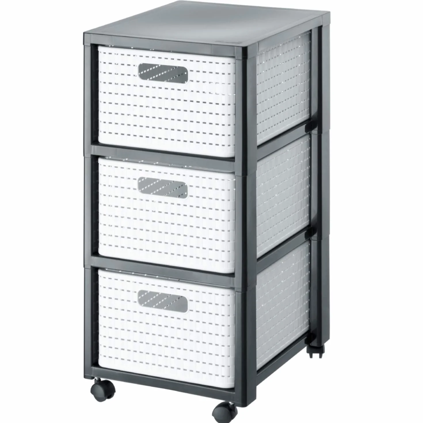 Rotho Country Contenedor rodante con 3 cajones en apariencia de ratán, Plástico (PP) sin BPA, blanco, 3 x A4/18l (37.5 x 32.5 x 71.2 cm)