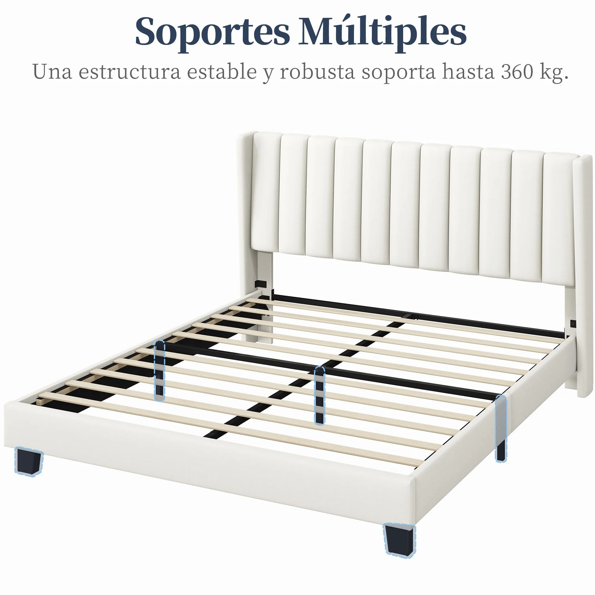 Cama tapizada 160 x 200 cm Cabecero a Rayas con Alas Láminas de Madera y Metal Beige