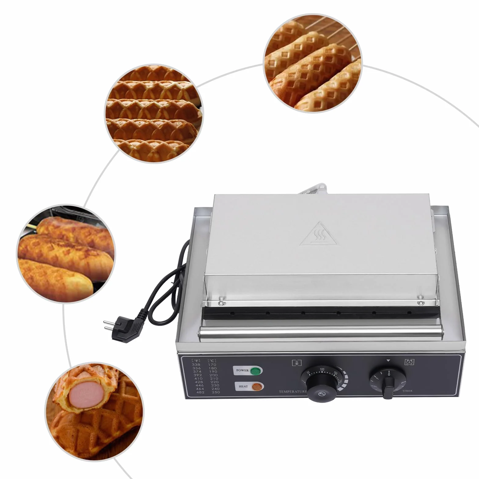 Waffeleisen Waflera, 1500W de acero inoxidable, máquina eléctrica de gofres comercial con 6 piezas de asa/perrito caliente, gofres en brocheta para panaderías, restaurantes, quioscos