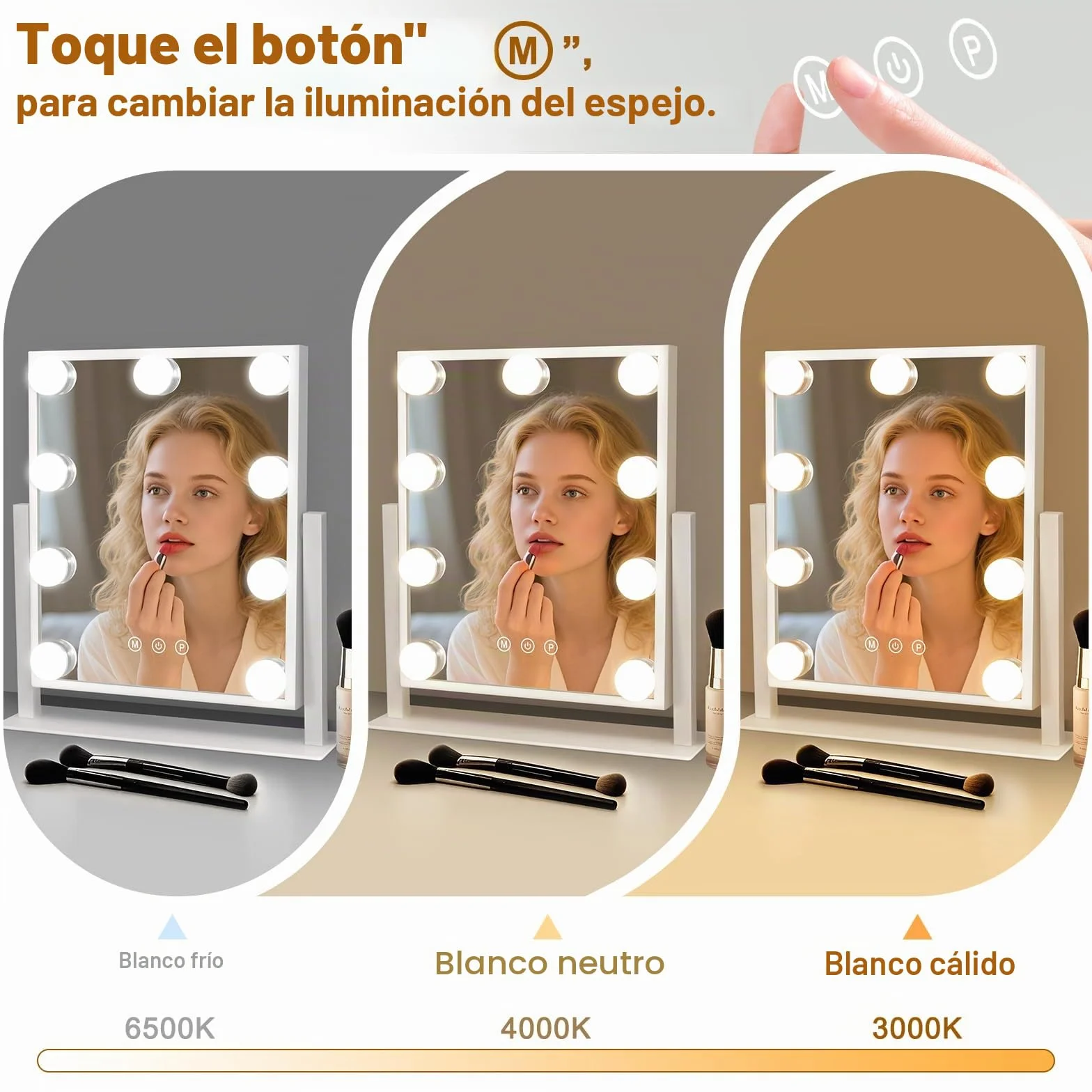 Espejo de Maquillaje Hollywood con LED 9, 360° Rotación, 3 Modos, Regulable