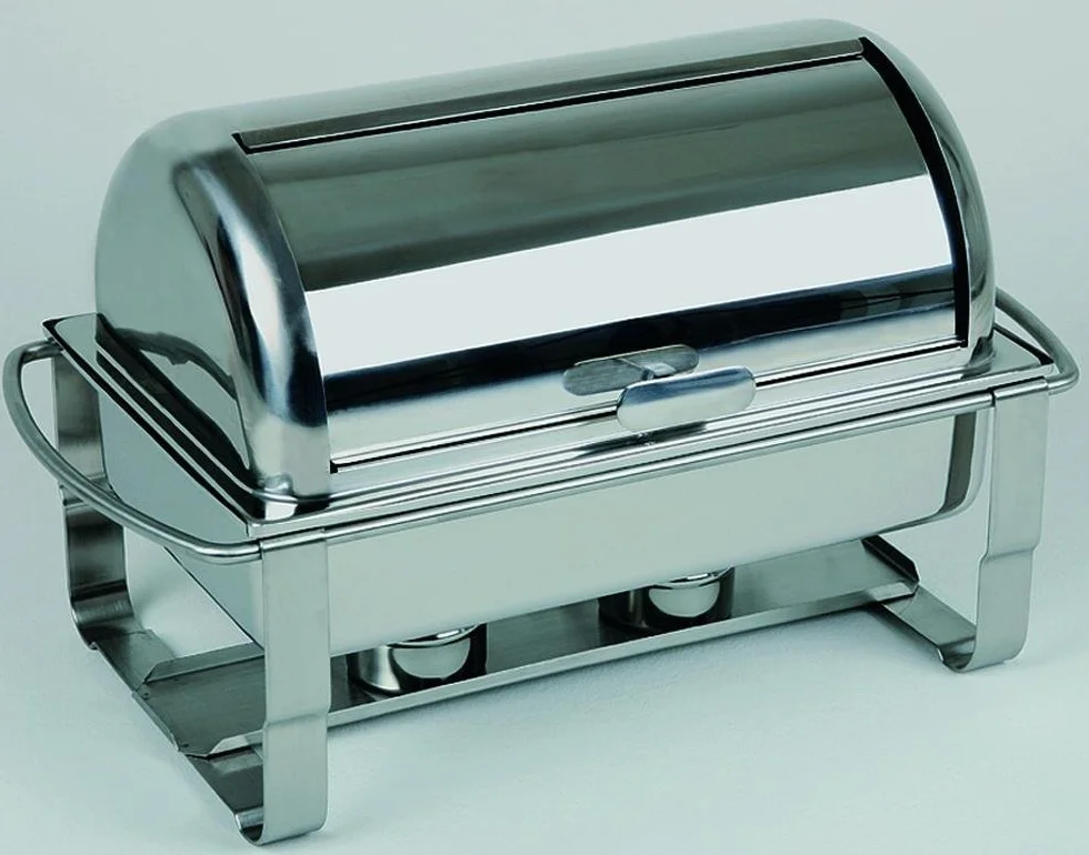 APS Rolltop-Chafing Dish, 63,5 x 35 x 40 cm, recipiente para comida con tapa y depósito de agua con bandeja para calentar una placa de calor, dos recipientes para pasta combustible, recipiente de calor para alimentos, tamaño 9 litros