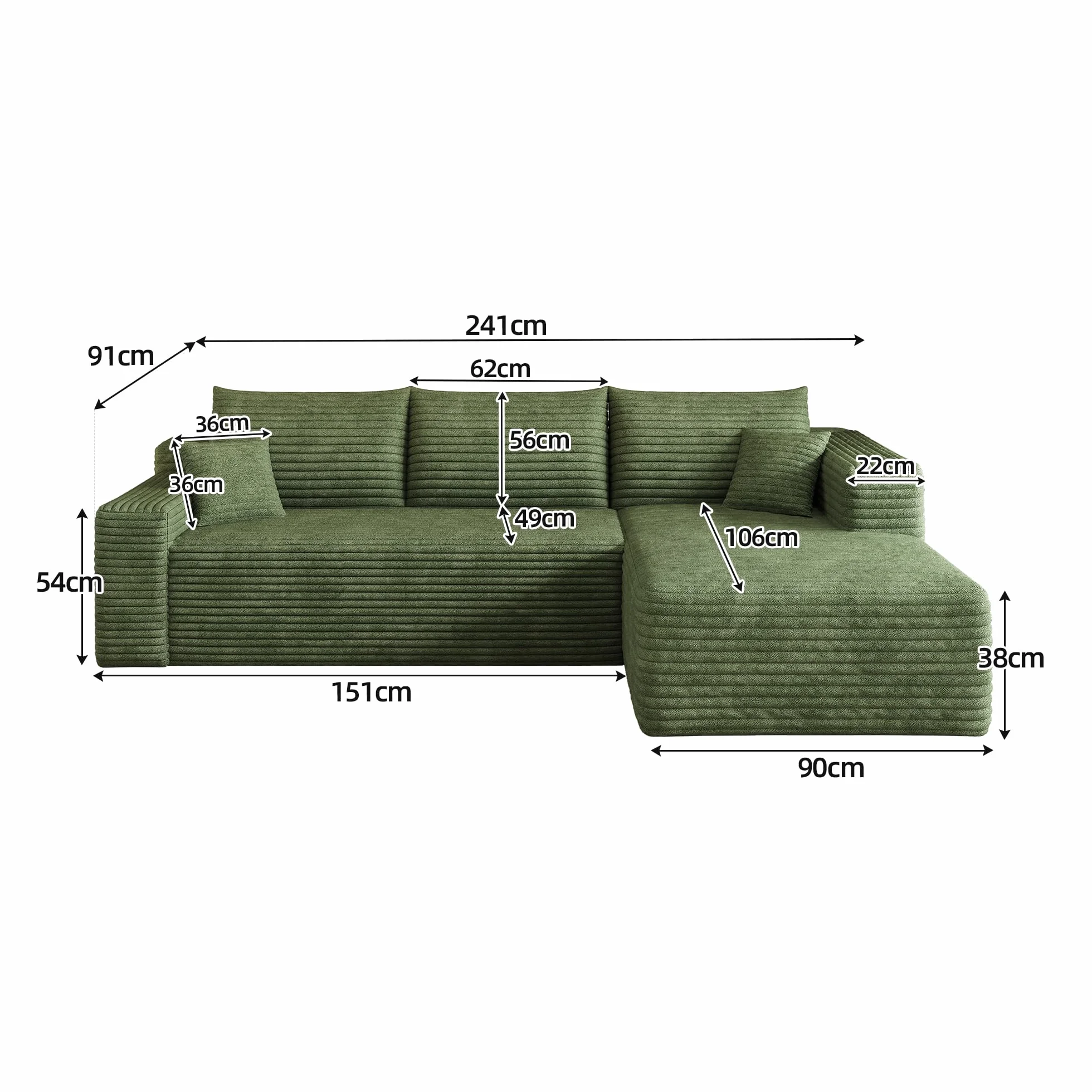 Sapgaks - Sofá esquinero de 241 cm, sofá de 3 plazas de pana con asiento profundo y ángulo integrado, sofá convertible modular, chaise longue orientada a la derecha, verde