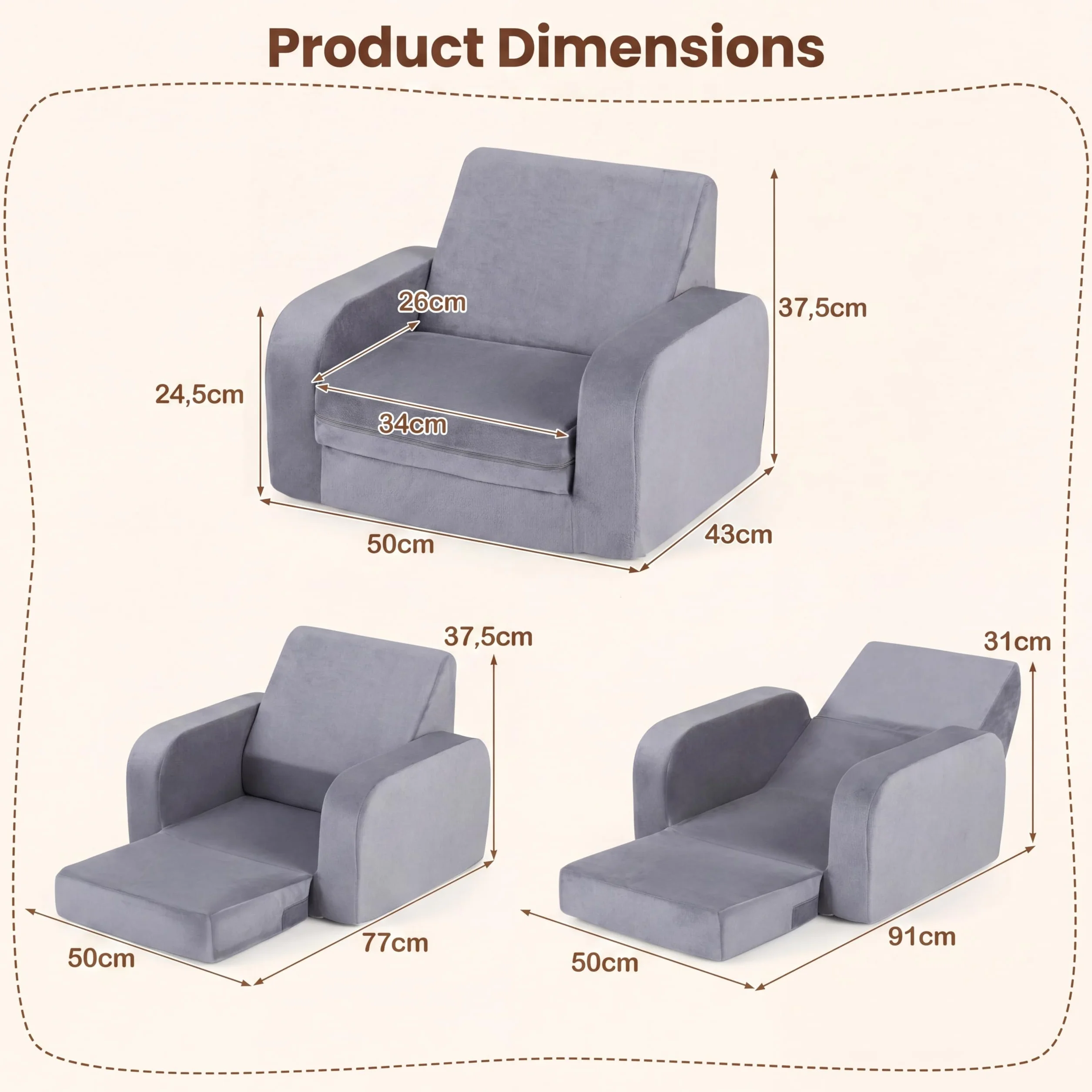 LIFEZEAL Sofá infantil plegable 3 en 1, sofá cama con funda extraíble, cómodo sofá cama para niños pequeños, mini sofá para bebé, para dormitorio, sala de juegos