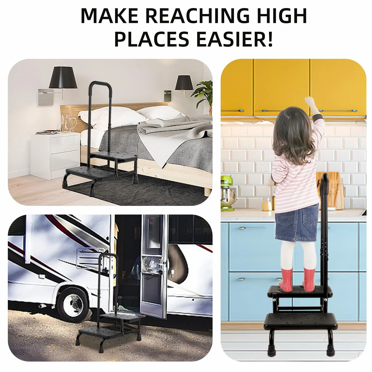 SECURA - Taburete con asa, doble peldaño hasta 160 kg, escalera con superficie antideslizante, seguridad para adultos, ancianos y niños en cocina, baño y casa