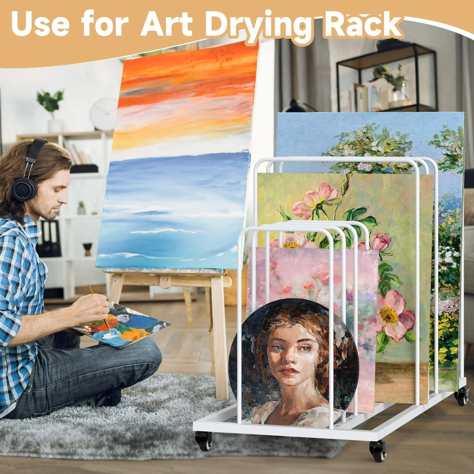 uyoyous Estante de secado de arte móvil 85 × 69 × 44 cm estante de secado para arte intervalo ajustable con ruedas freno para obras de arte, impresión, lienzos artísticos (blanco)