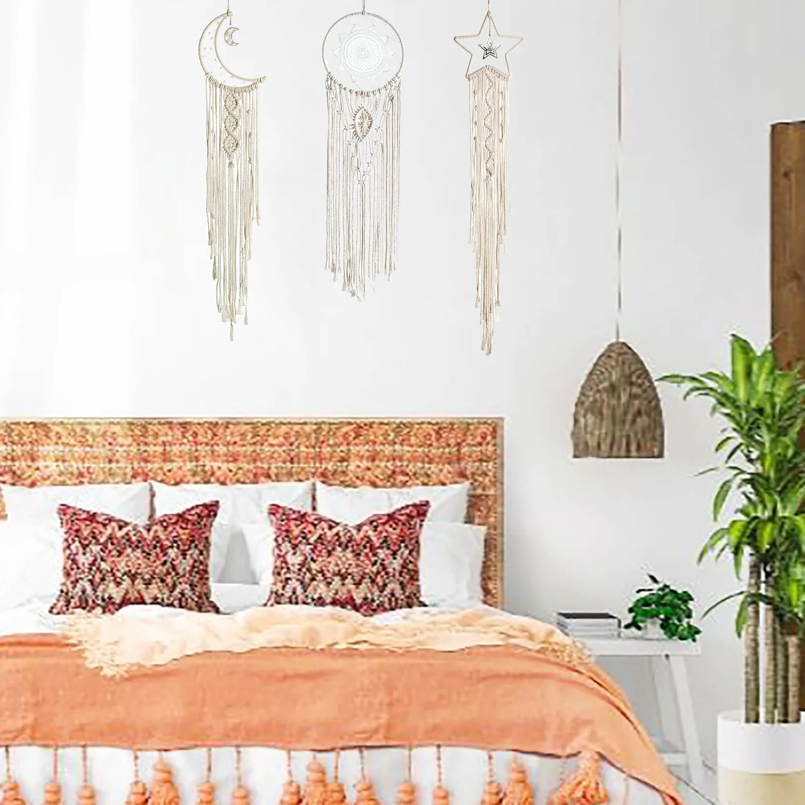 3 Piezas Atrapasueños Macramé Colgante Pared Boho Dream Catcher Sol Luna Estrella Tapiz Tejido Bohemio Elegante Decoración Arte Pared para del Hogar Niñas Regalo