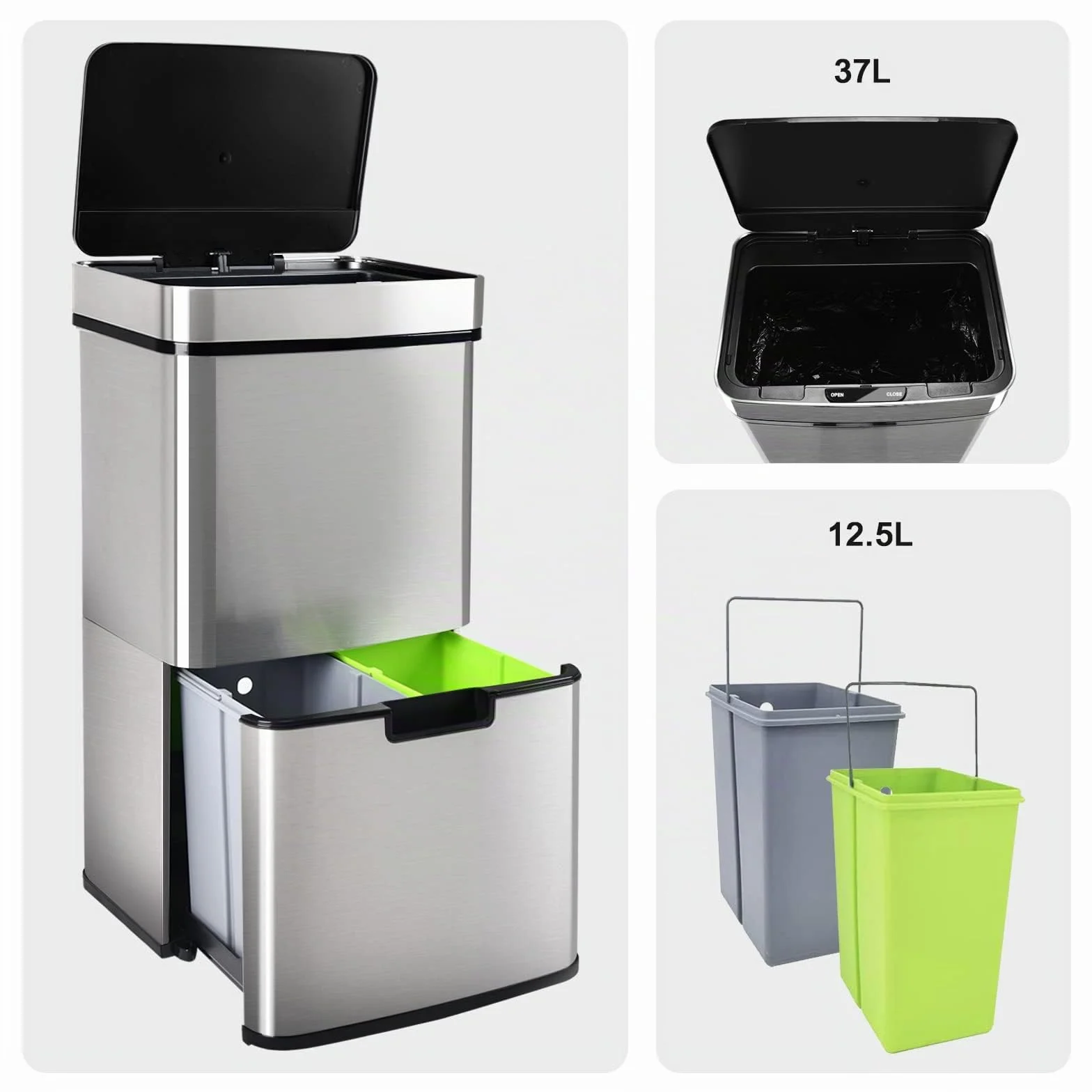 Gardtech VERTAK Sistema de separación de basuras con Sensor (3 Compartimentos, 62 L, Extensible, Sensor de Acero Inoxidable, para Cocina, casa y Oficina)