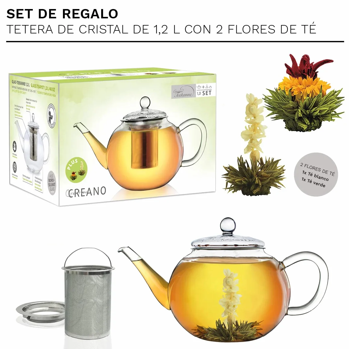 Creano Set de Regalo Tetera de Vidrio 1,2L con 2 Flores de Té – Incluye Filtro de Acero Inoxidable Extraíble