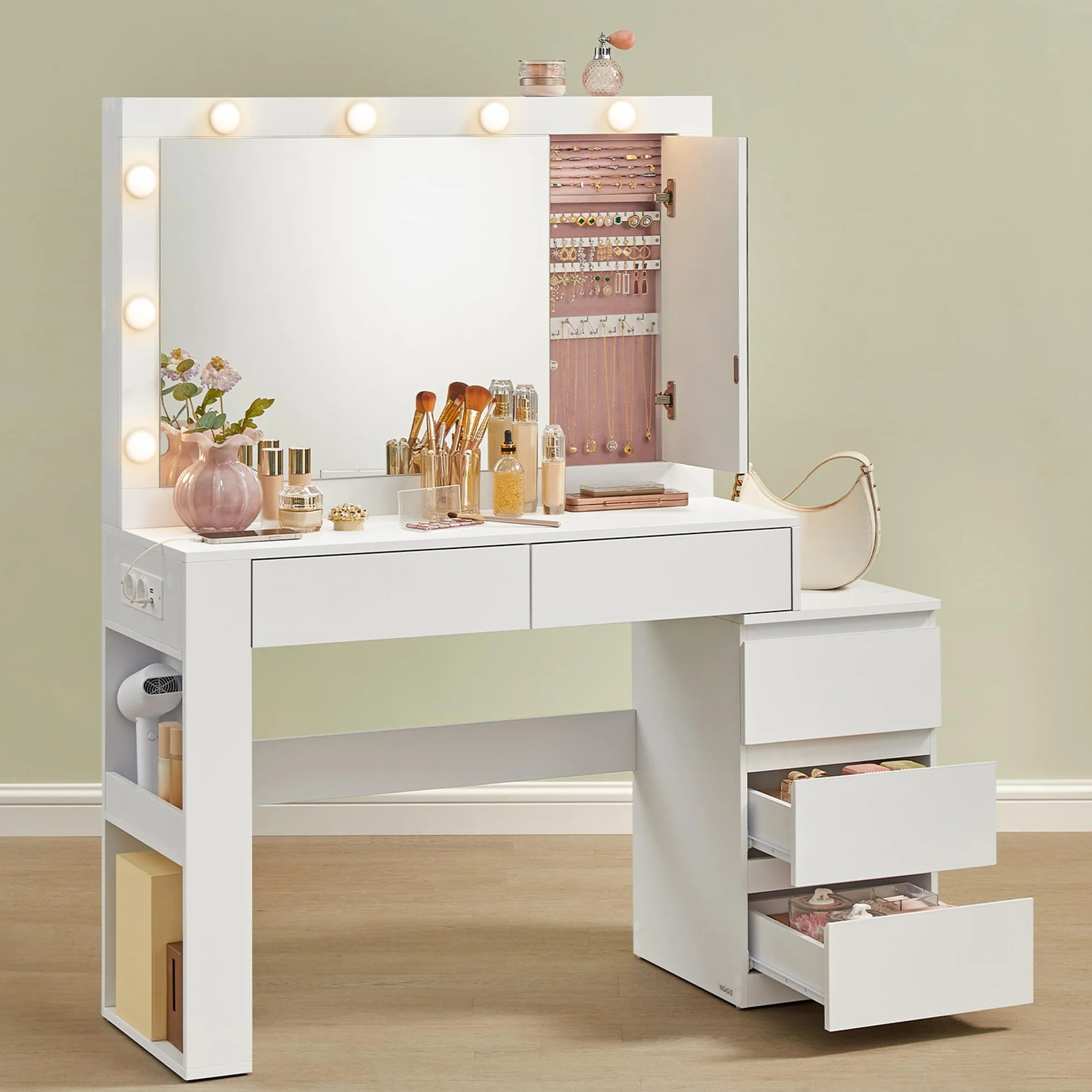 VASAGLE Tocador con Iluminación LED Mesa de Maquillaje 40x125x140 cm Blanco Nube