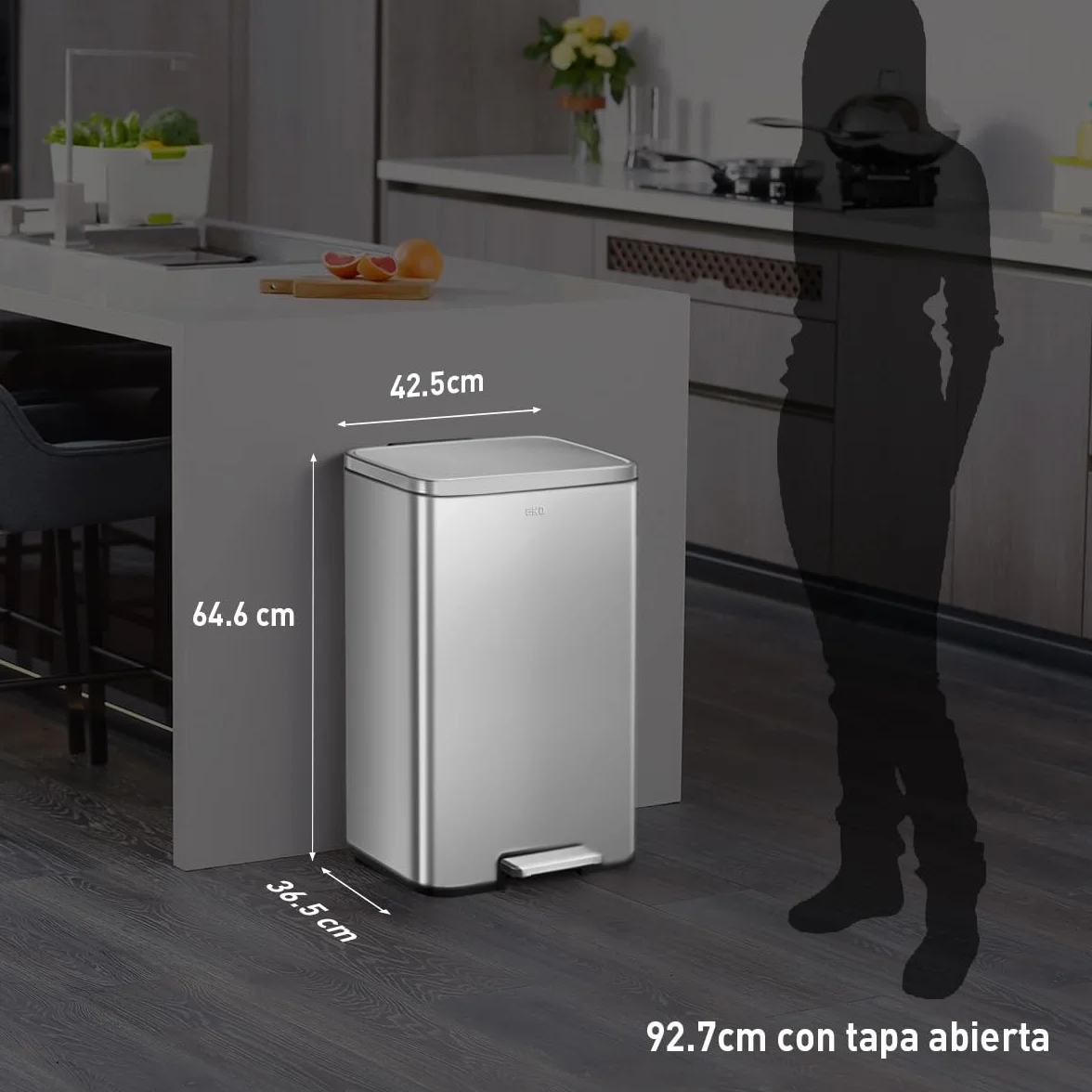 EKO Madison Cubo de Basura Cocina 50L con Pedal y Tapa de Cierre Suave | Acero Inoxidable Antihuella | Papelera Moderna y Robusta | Gran Capacidad para Reciclaje