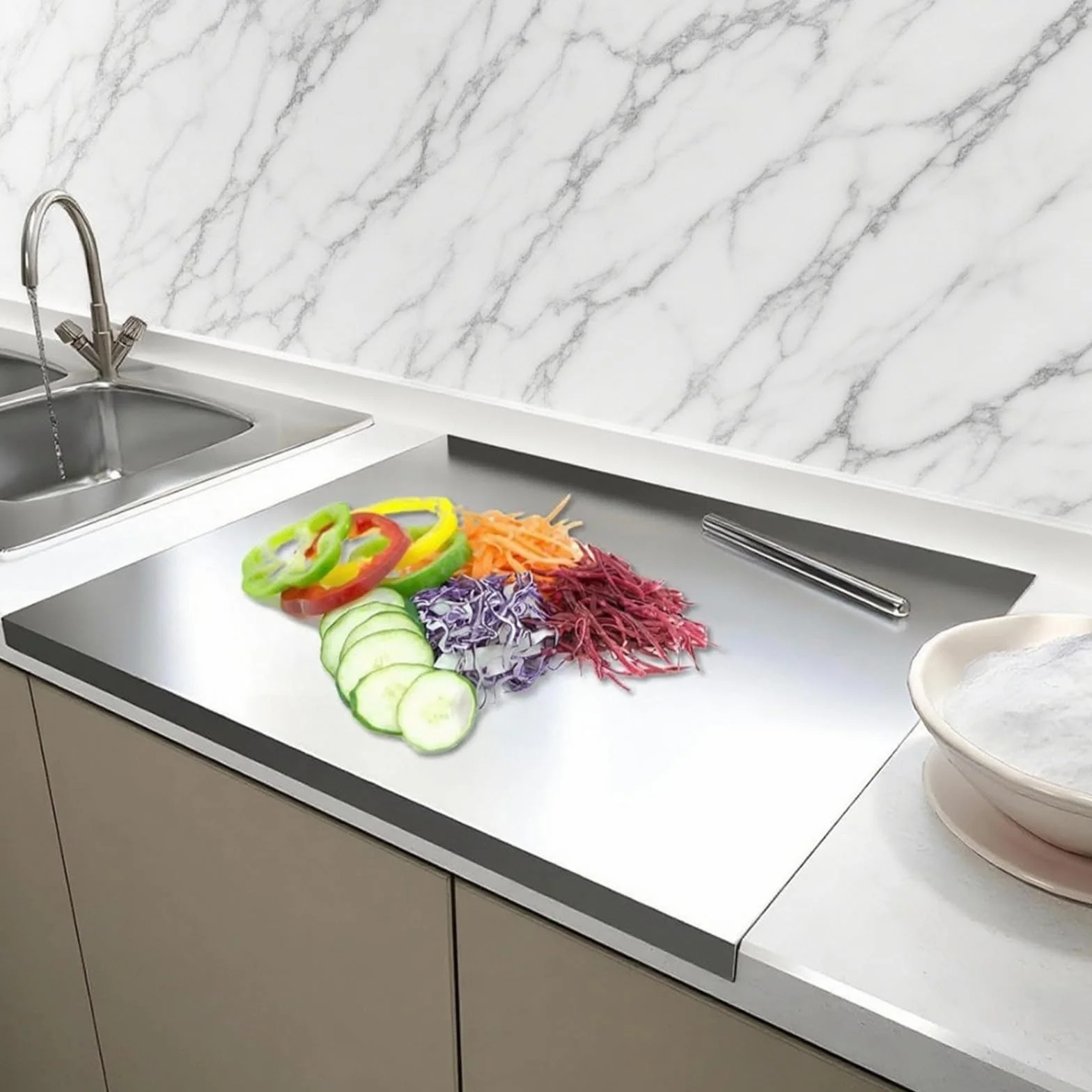Tabla de Cortar Acero Inoxidable 50 x 50 cm, Tablas de Cocina con Borde de Parada, Uso a Doble Cara - Antibacteriana y Fácil de Limpiar, Stainless Steel Cutting Board para Carne, Frutas, Verduras, Pan