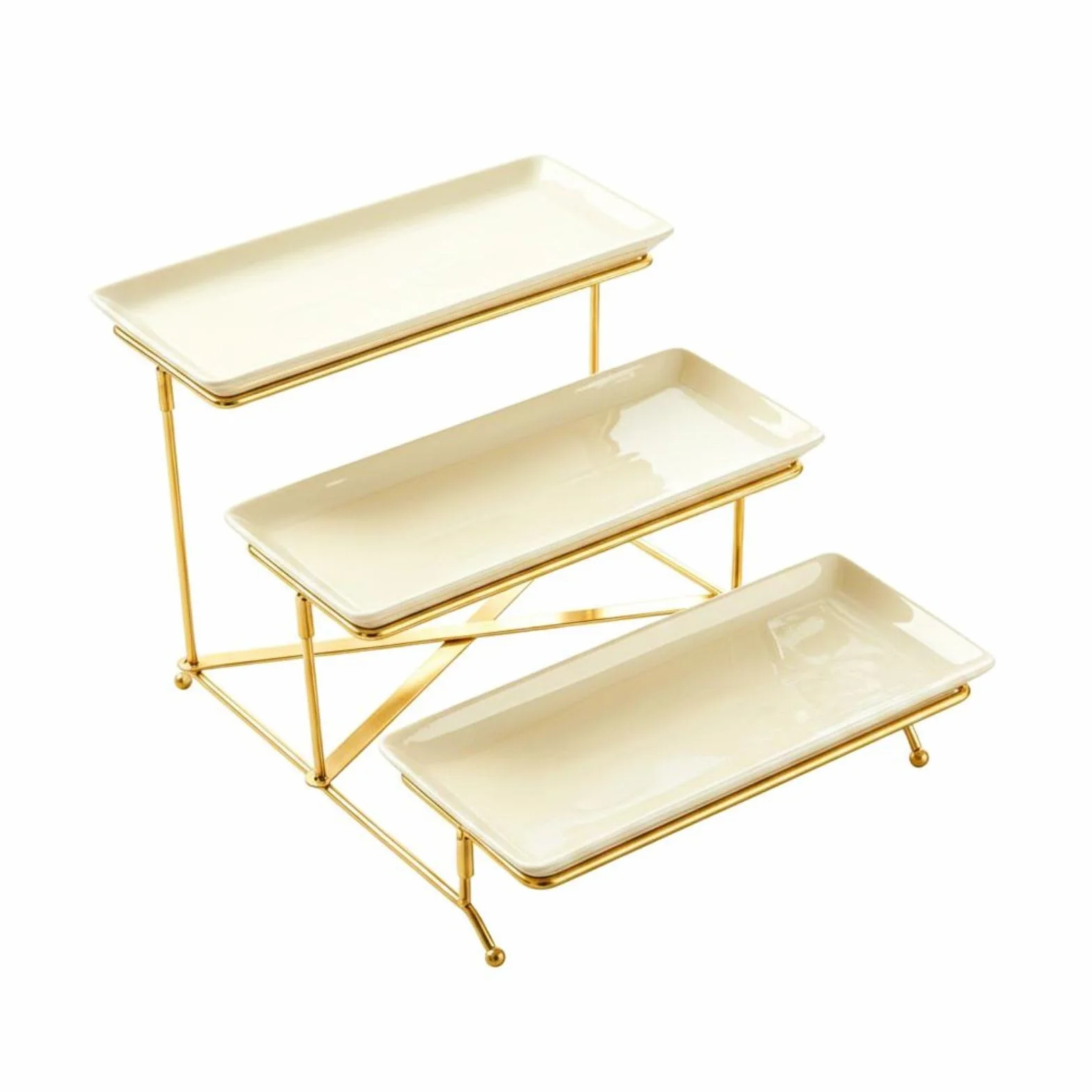 KESOTO Soporte para Postres Bandeja Cerámica Estante Metálico Presentación Escalonada Orden Desayunos Fiestas Adecuado para Celebraciones Fiestas Infantiles, 3-Layer Plate Set