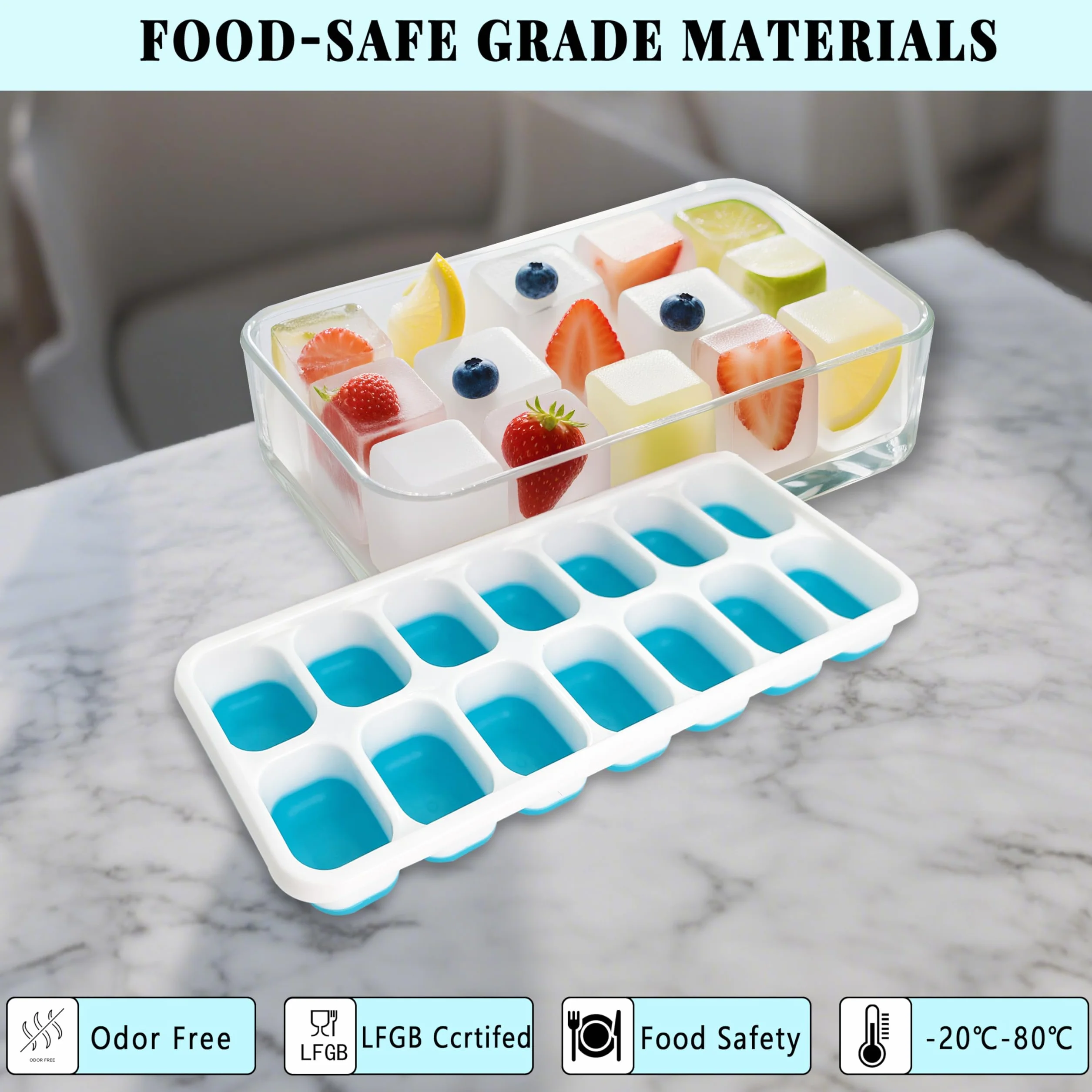 Cubiteras para Hielo con Tapa, Silicona Grado Alimenticio, Certificación LFGB, 4 Cubos