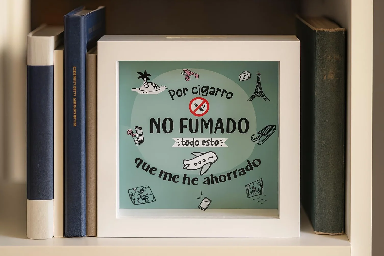 Hucha de Madera Blanca con Cristal, Hucha para Ex Fumadores con Mensaje Motivacional, Ahorro por Cigarrillo No Fumado 15x15x5cm